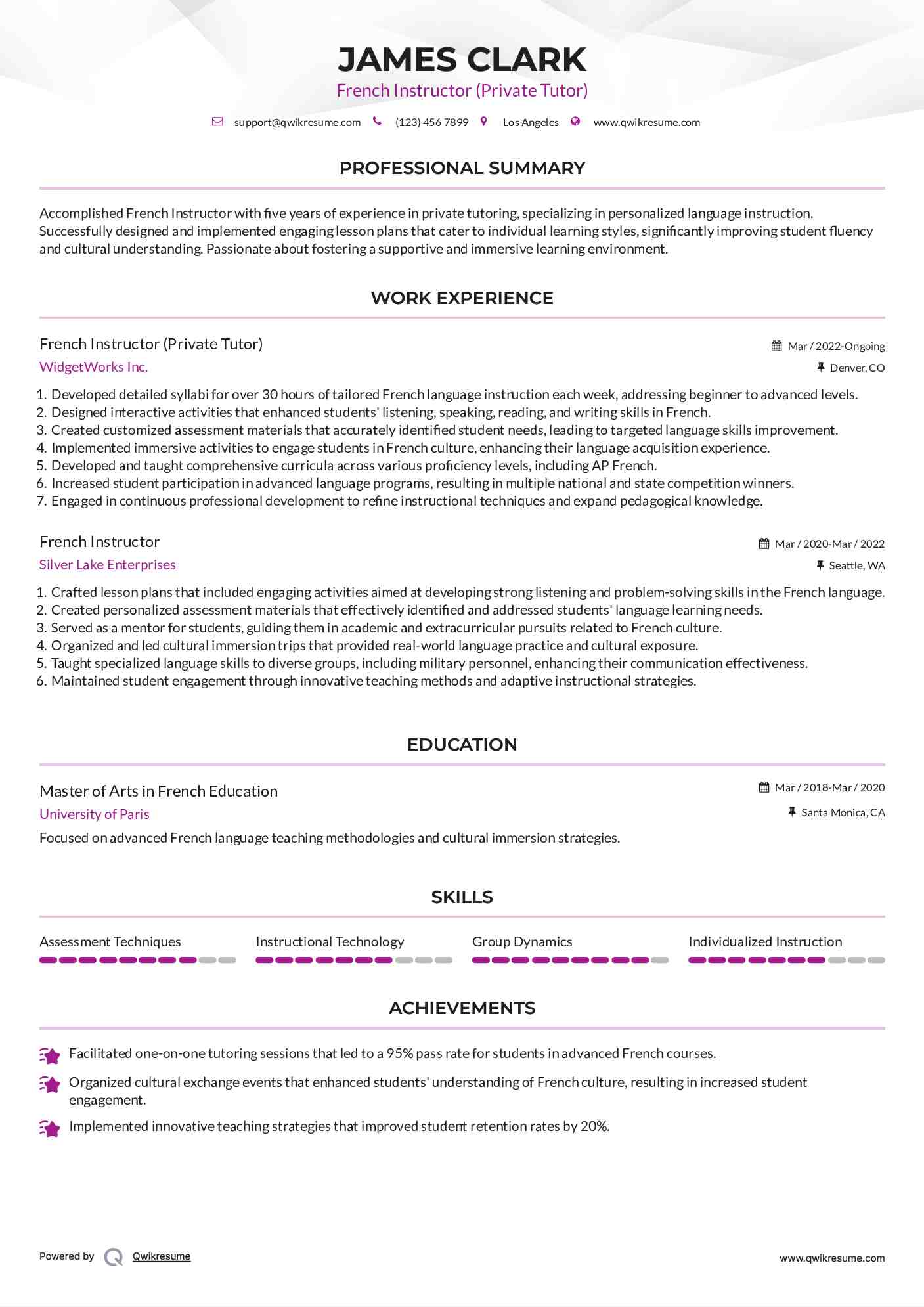 French Instructor (Private Tutor) Resume Template