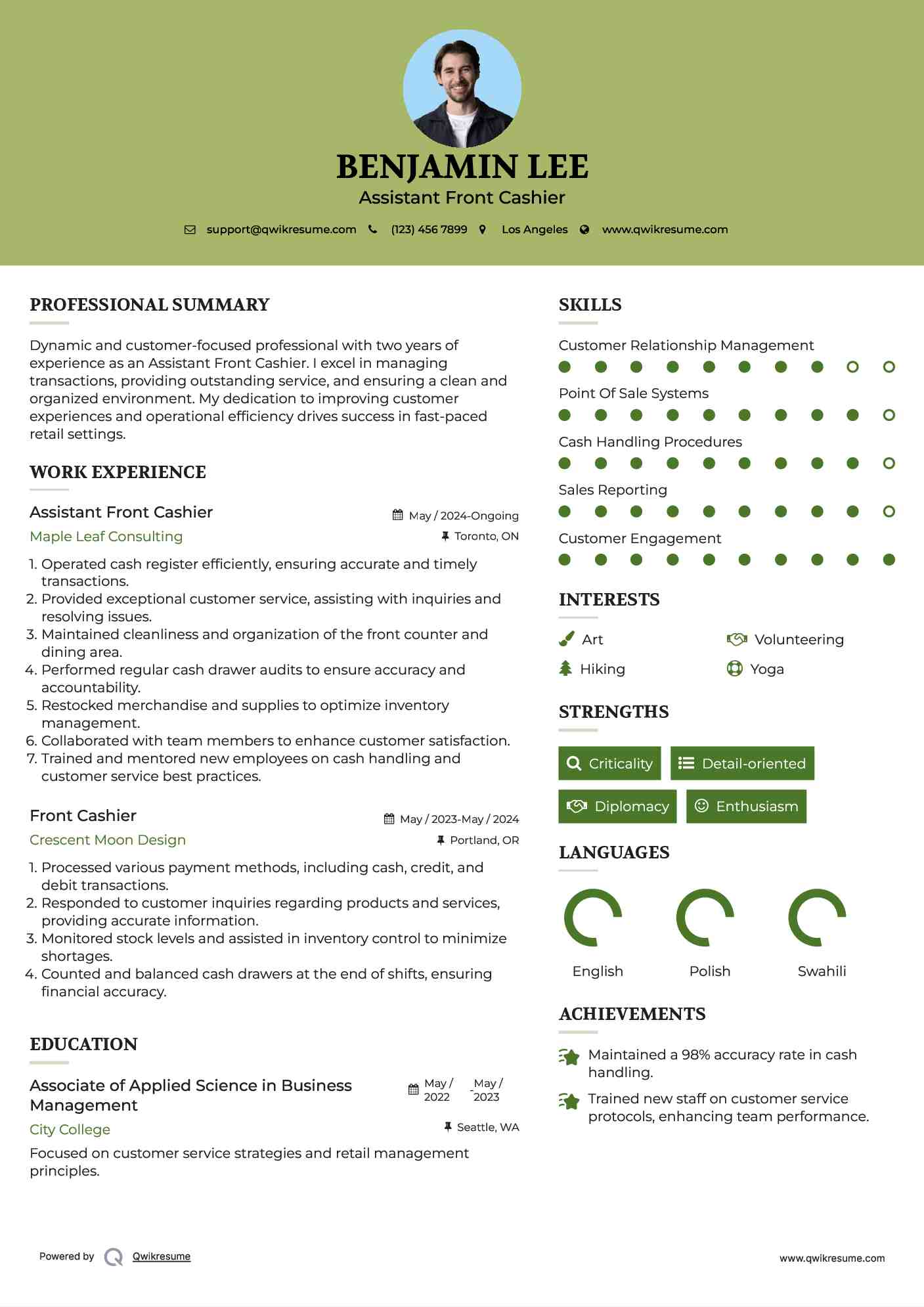  Assistant Front Cashier Resume Format