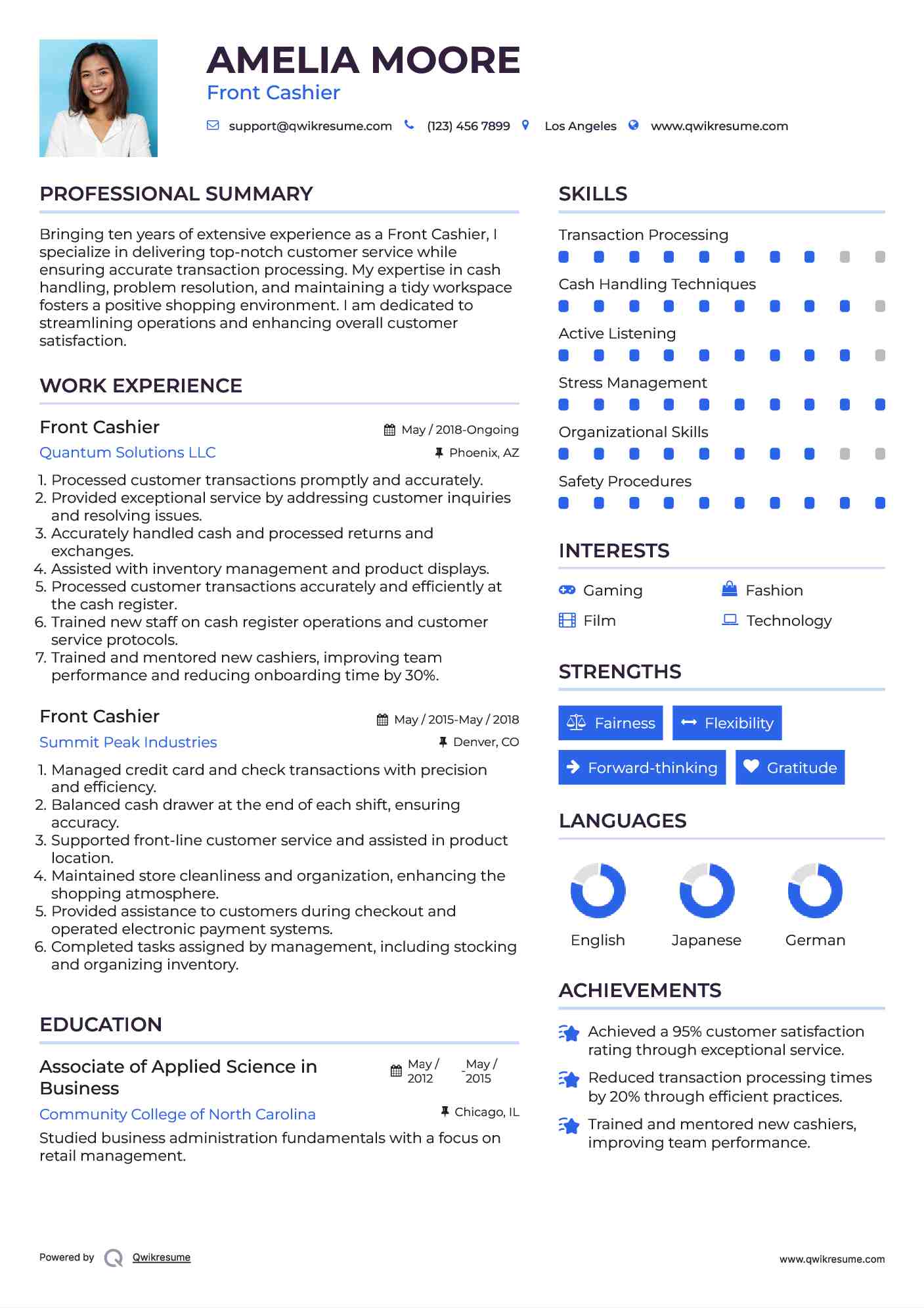 Front Cashier Resume Model