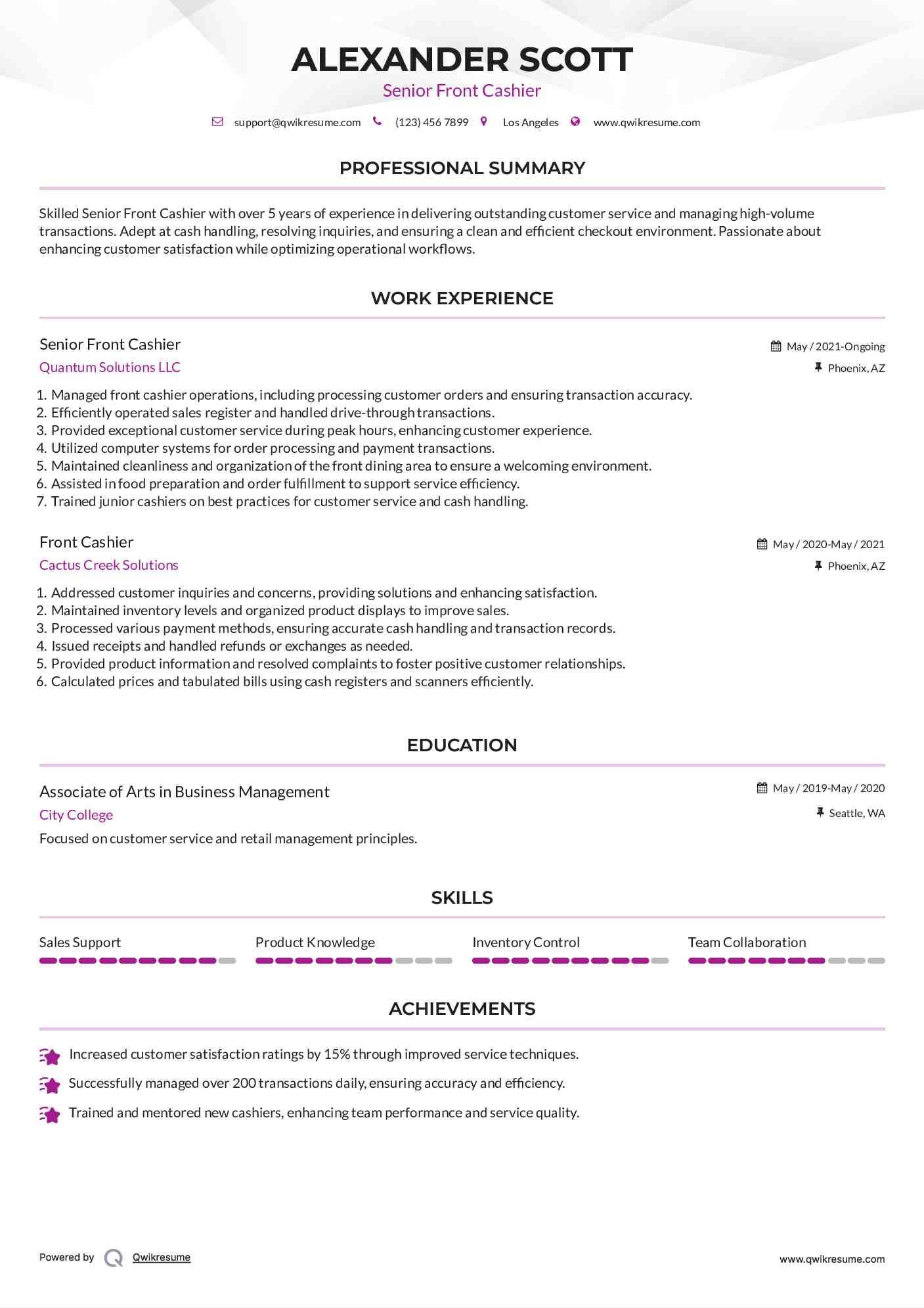 Senior Front Cashier Resume Sample