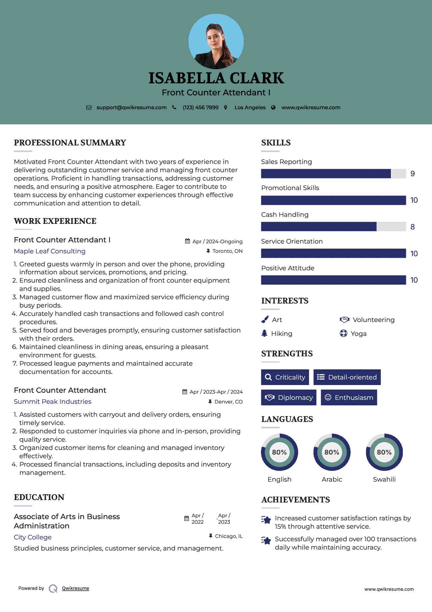 Front Counter Attendant I Resume Model