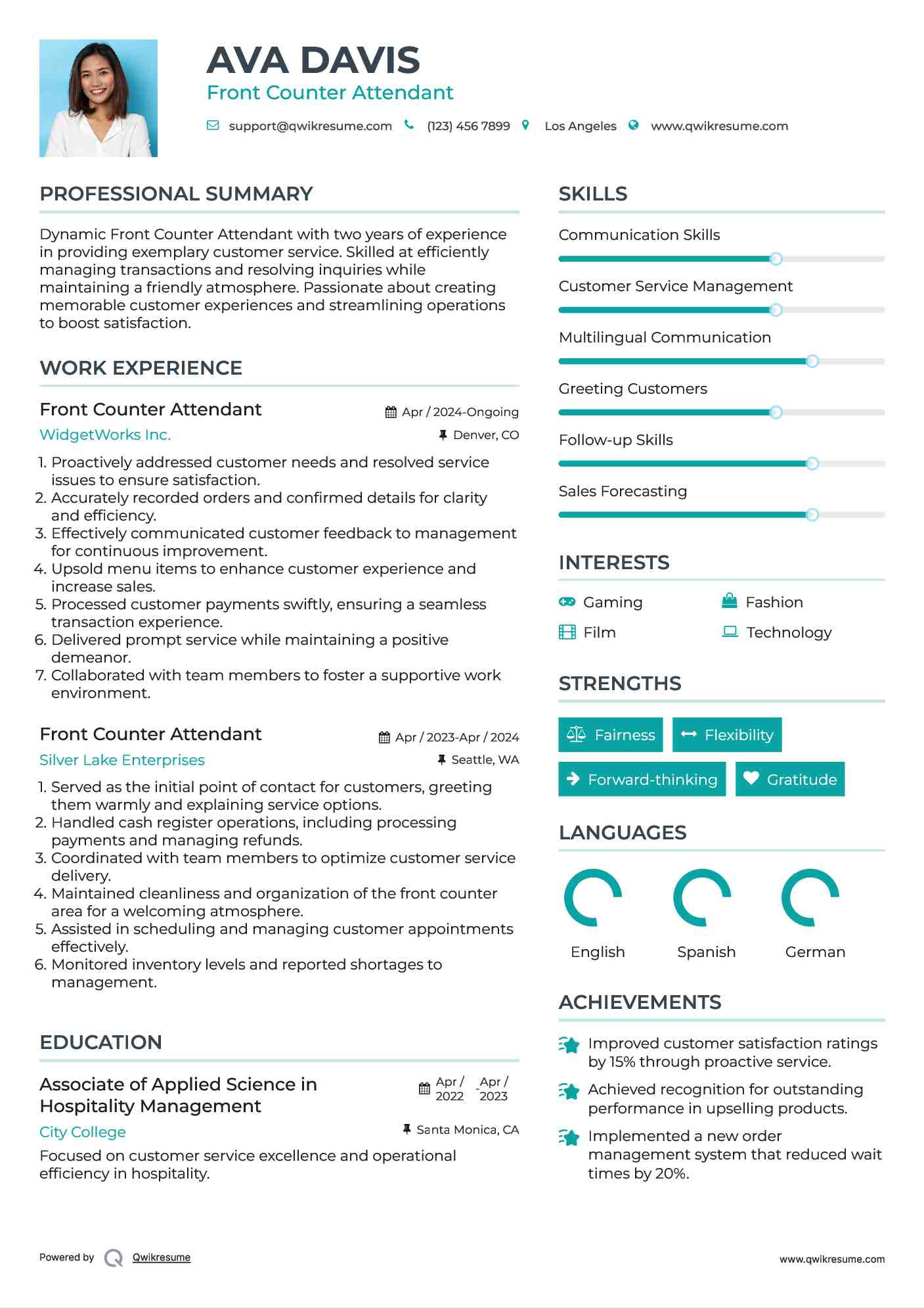 Front Counter Attendant Resume Sample