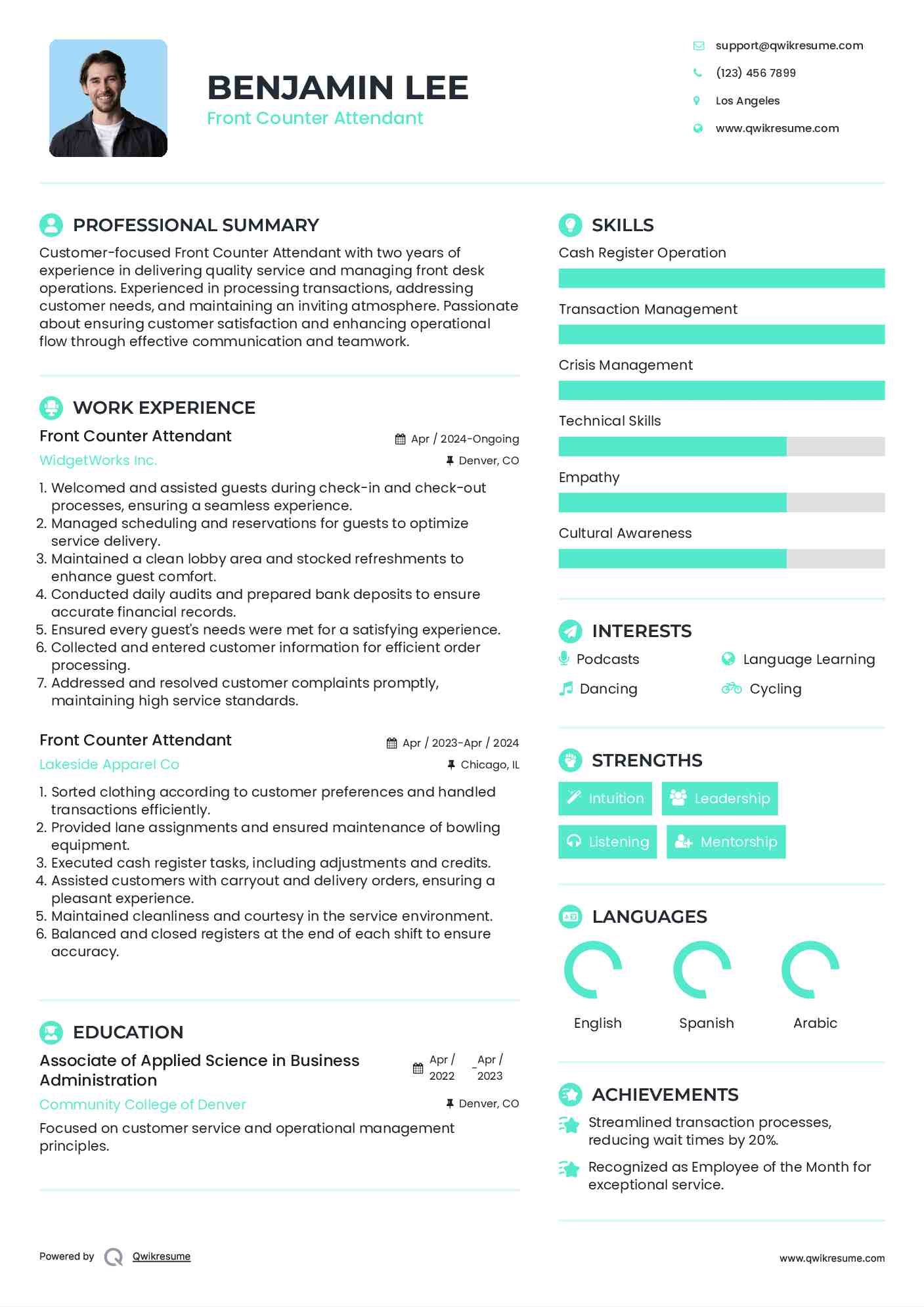 Front Counter Attendant Resume Template