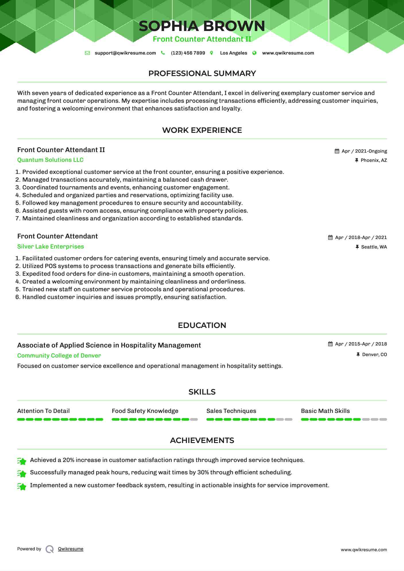 Front Counter Attendant II Resume Example