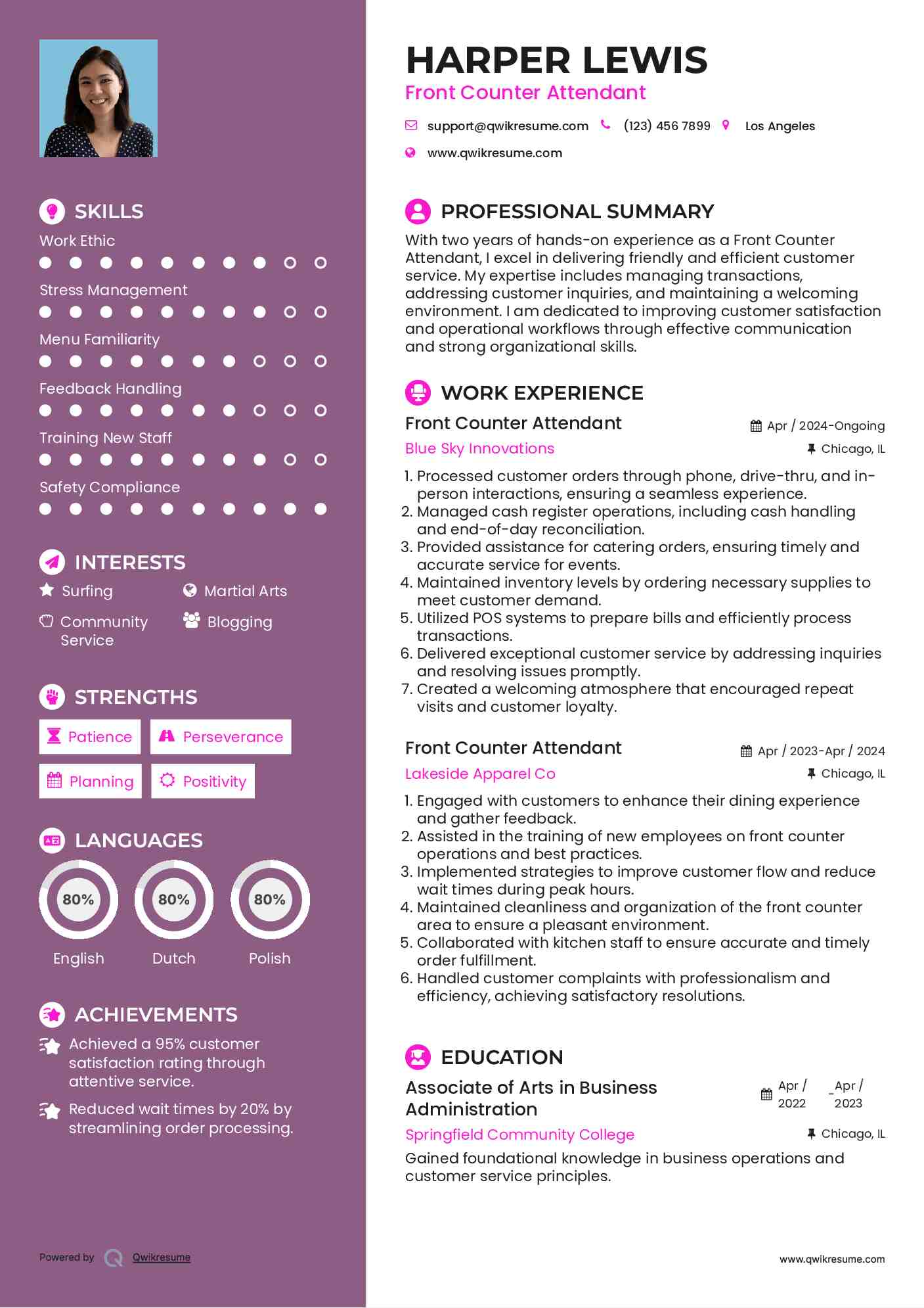 Front Counter Attendant Resume Sample