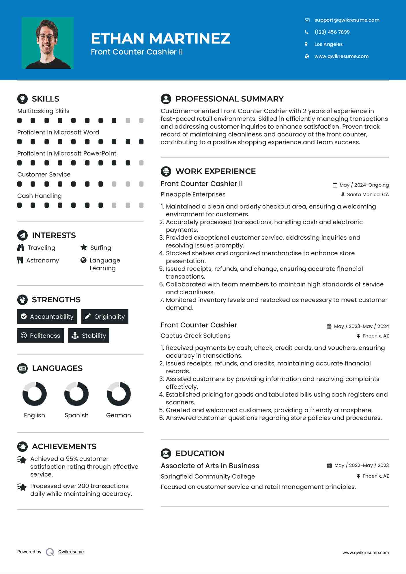 Front Counter Cashier II Resume Sample