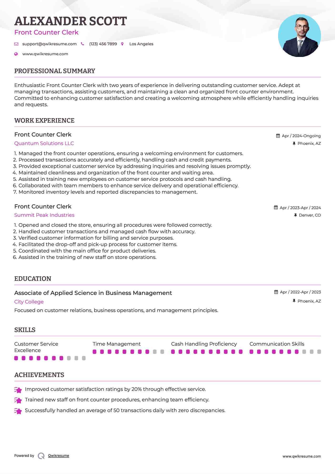 Front Counter Clerk Resume Model