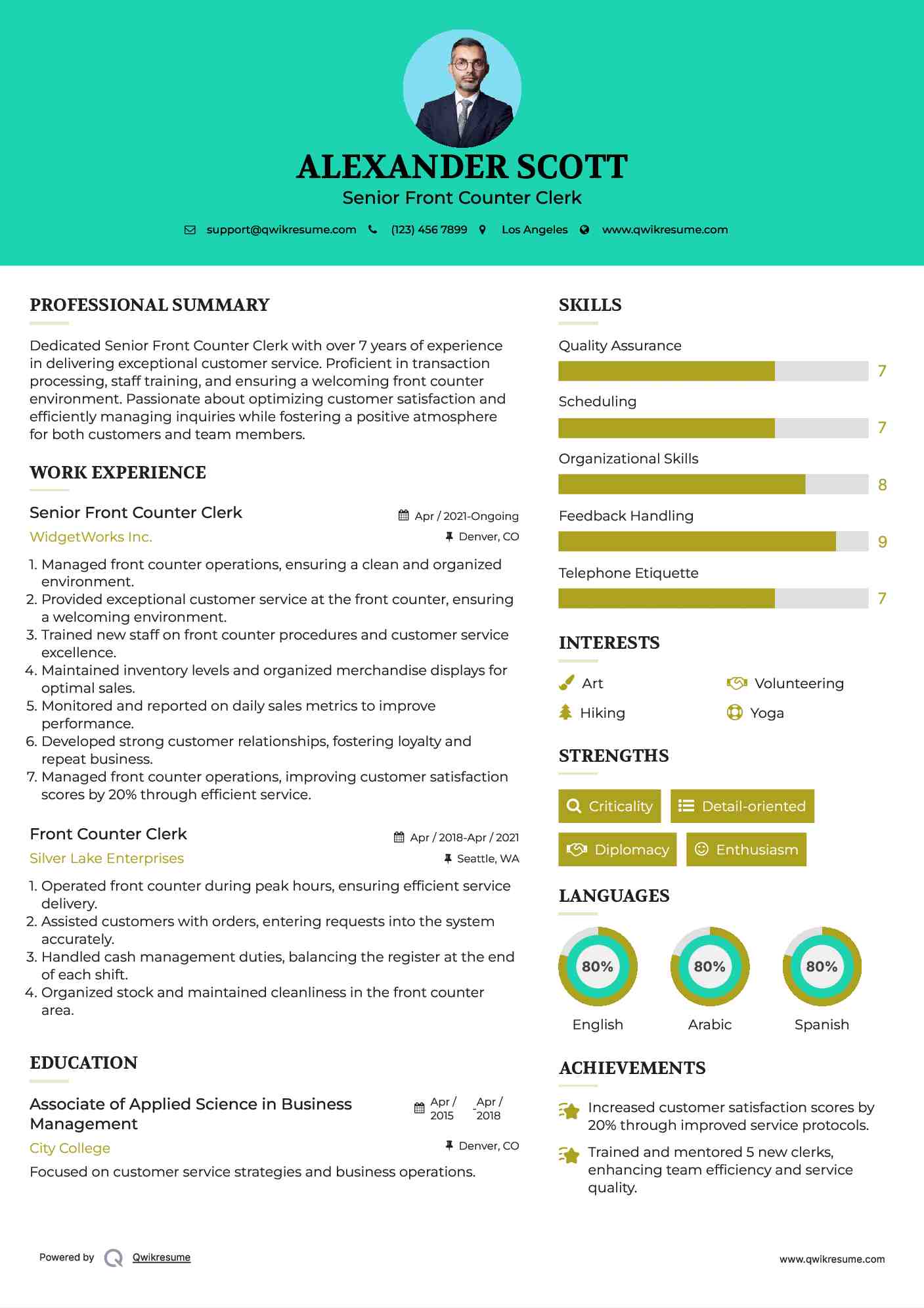 Senior Front Counter Clerk Resume Format