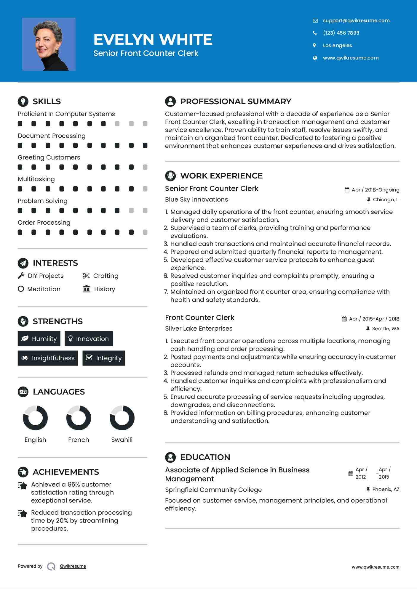 Senior Front Counter Clerk  Resume Model