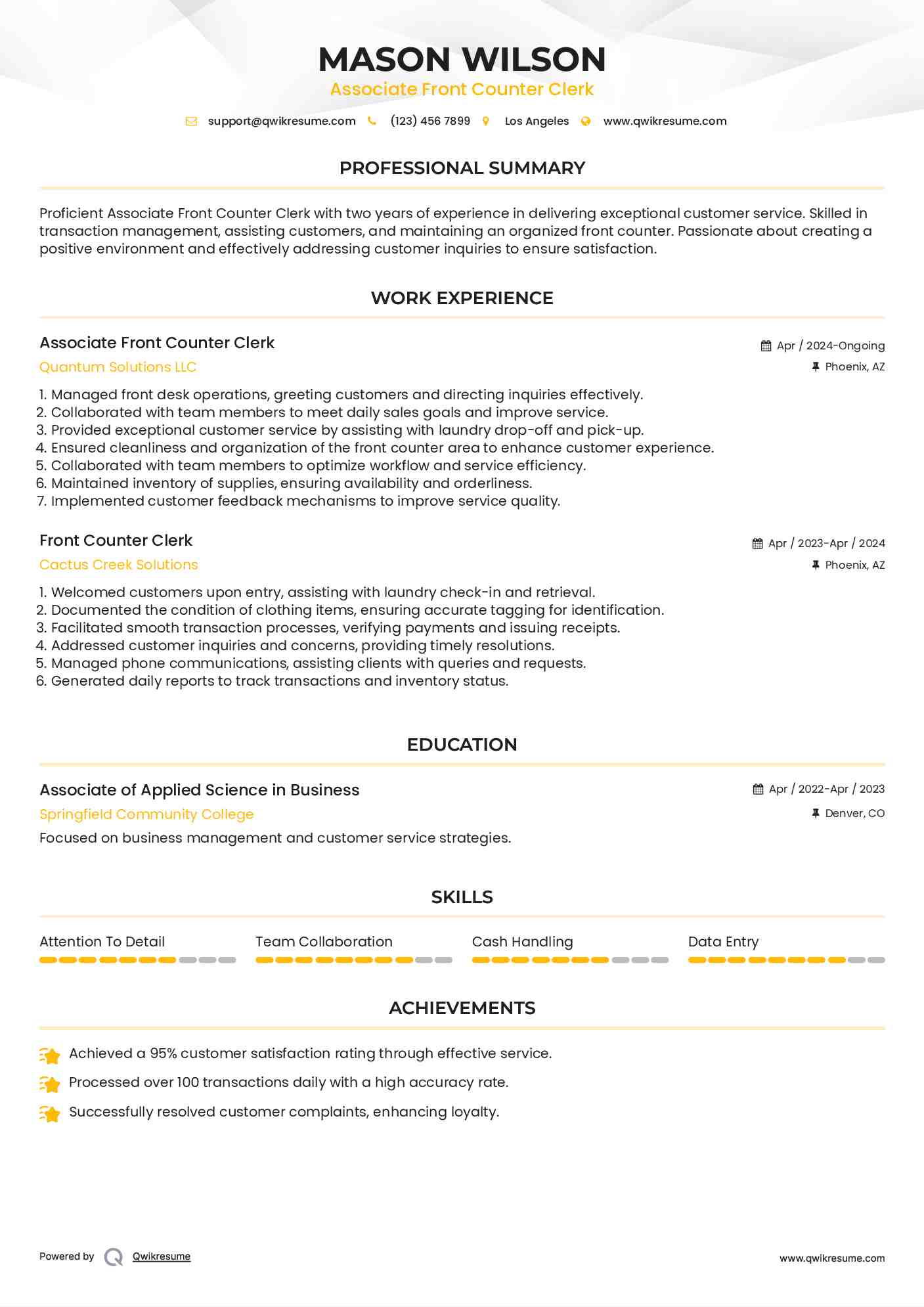 Associate Front Counter Clerk  Resume Format