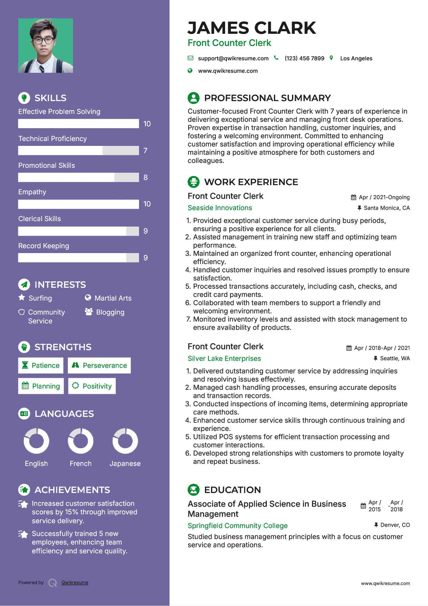 Front Counter Clerk Resume Format