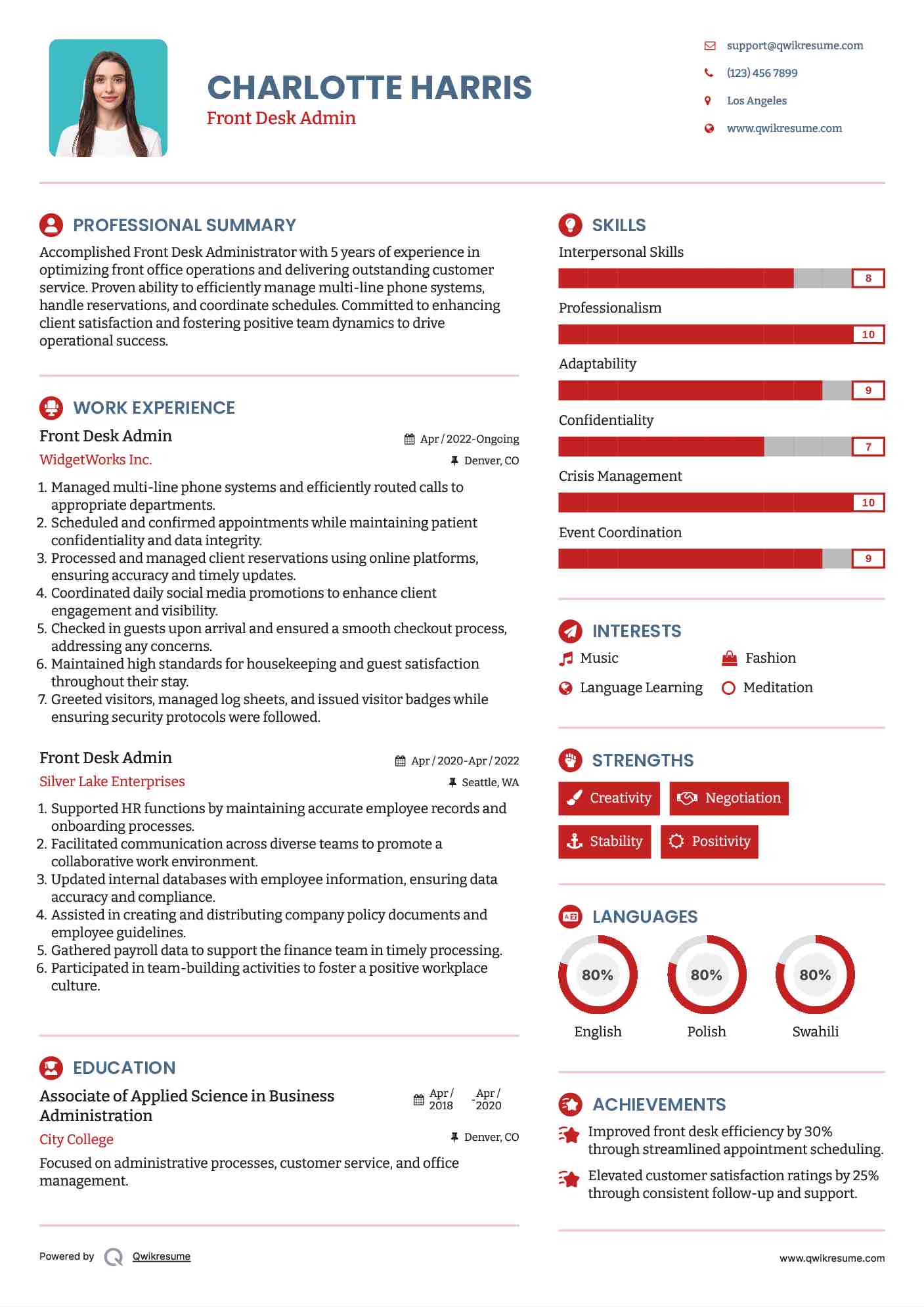 Front Desk Admin Resume Example