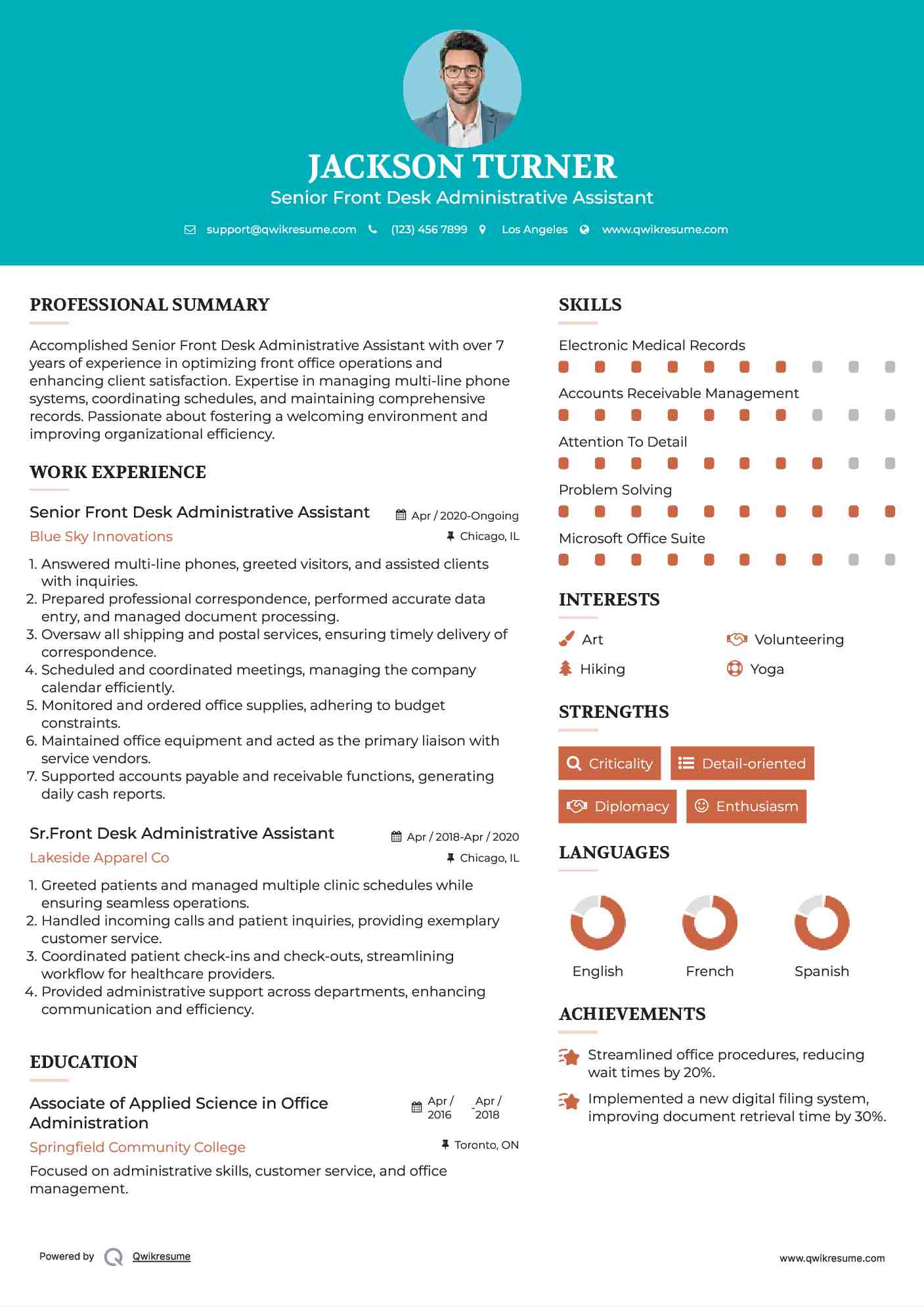 Senior Front Desk Administrative Assistant Resume Sample