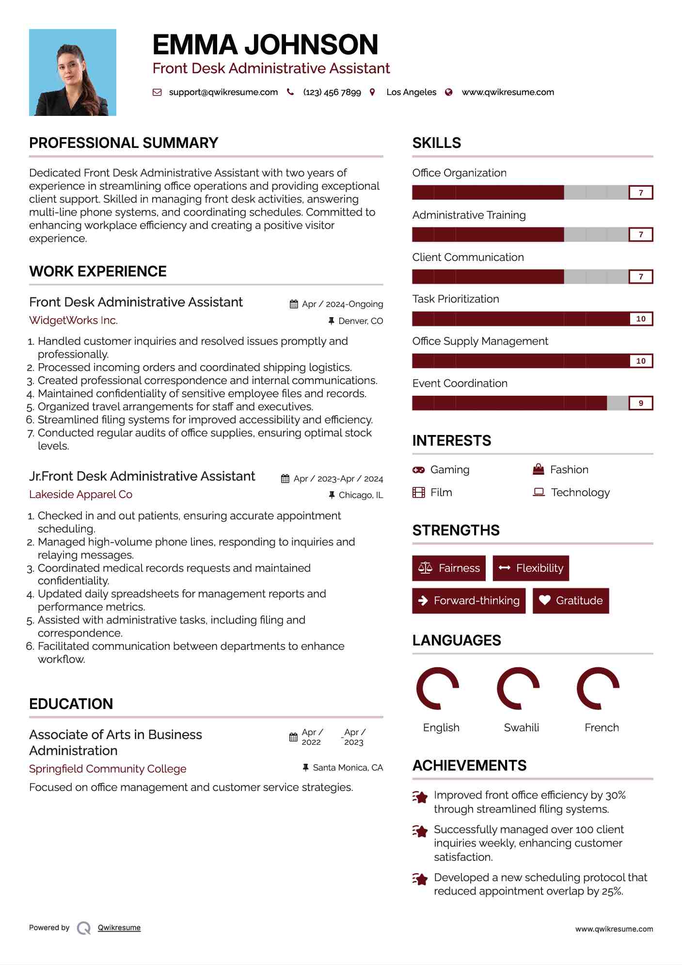 Front Desk Administrative Assistant Resume Sample