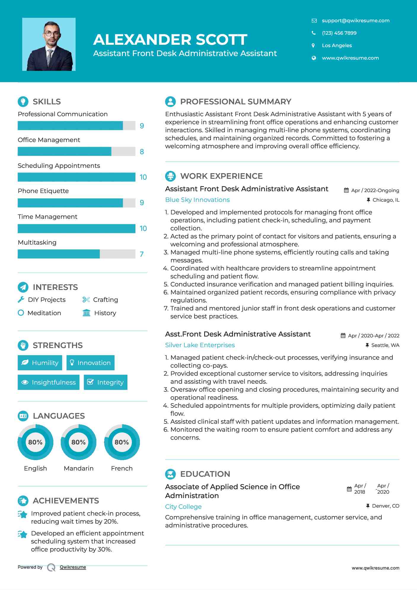 Assistant Front Desk Administrative Assistant Resume Sample