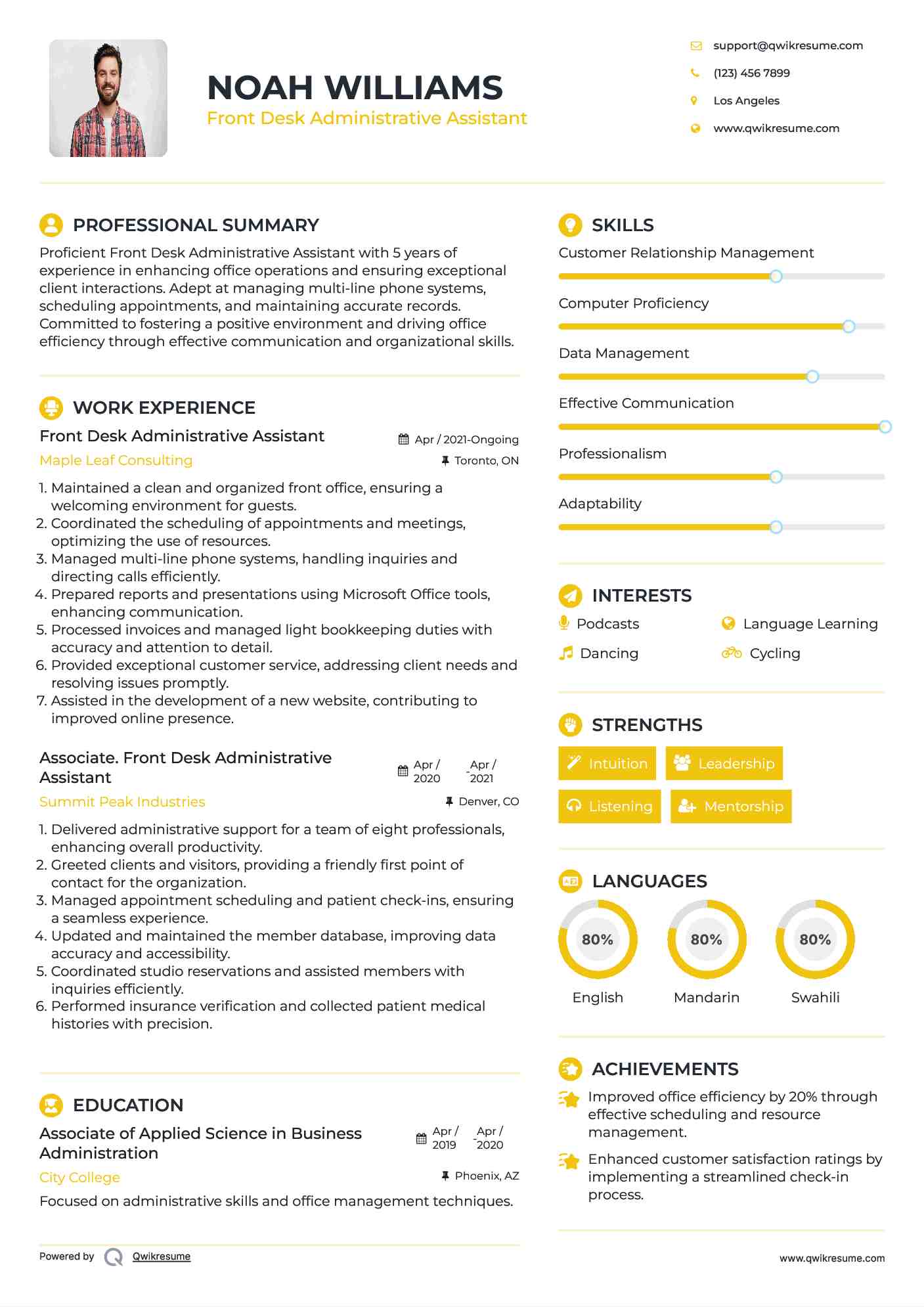 Front Desk Administrative Assistant Resume Sample