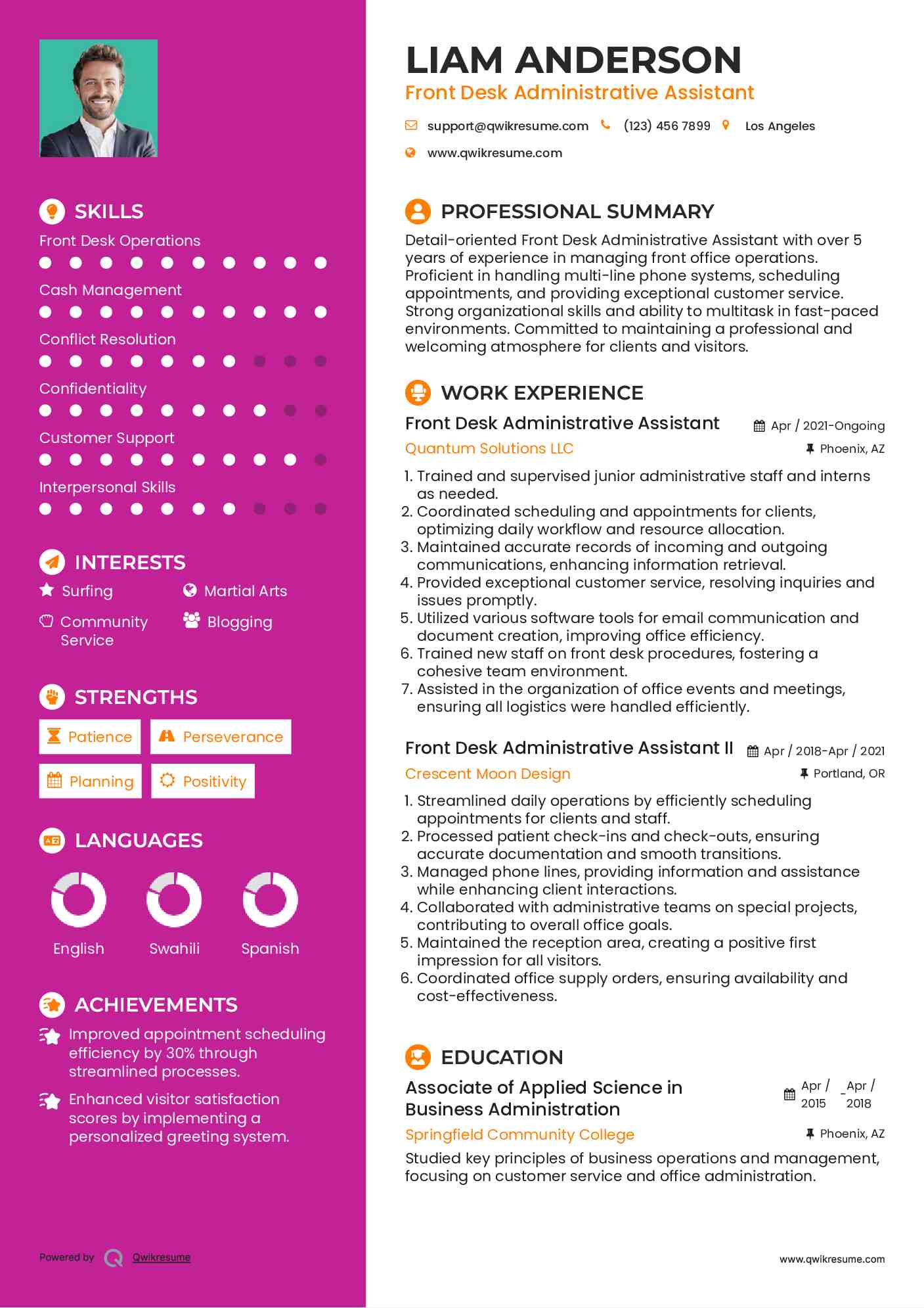 Front Desk Administrative Assistant Resume Sample