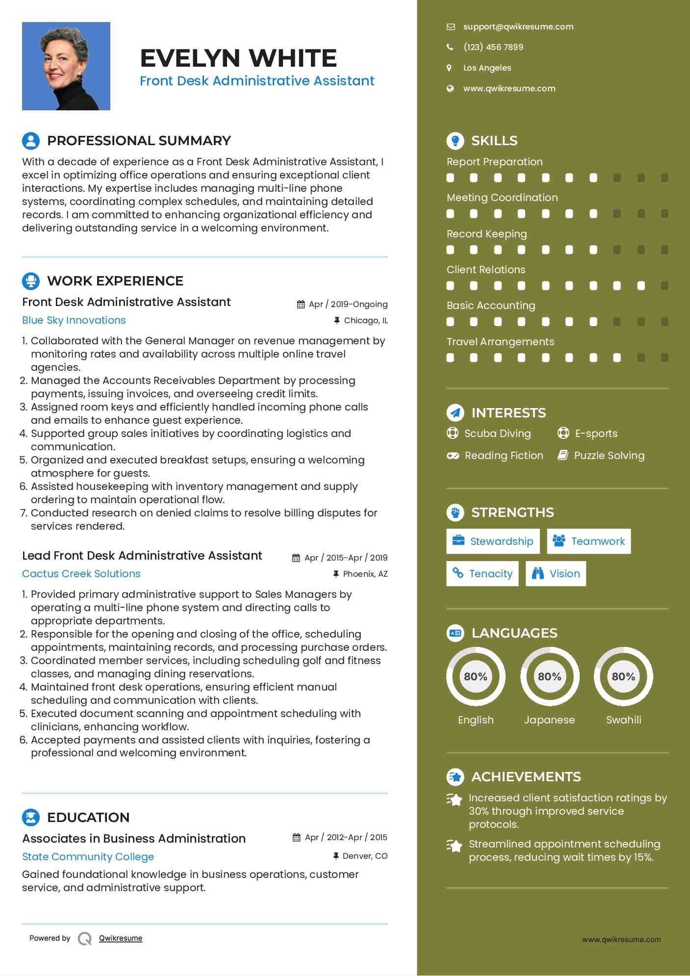 Front Desk Administrative Assistant Resume Sample