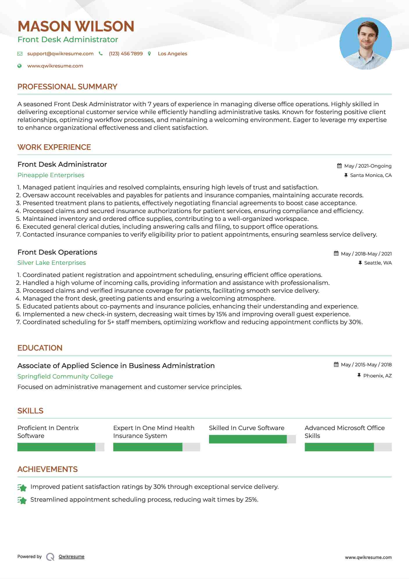 Front Desk Administrator Resume Samples QwikResume