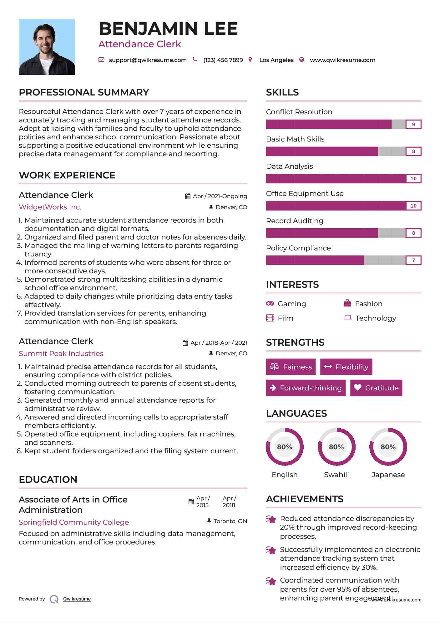 Attendance Clerk Resume Sample