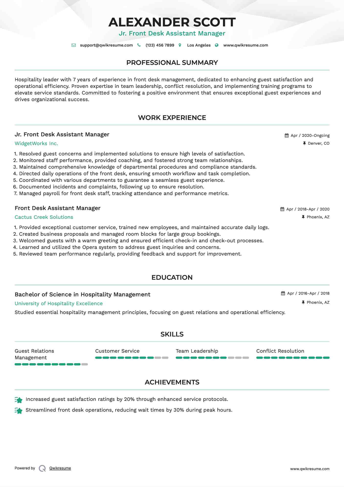 Jr. Front Desk Assistant Manager Resume Example