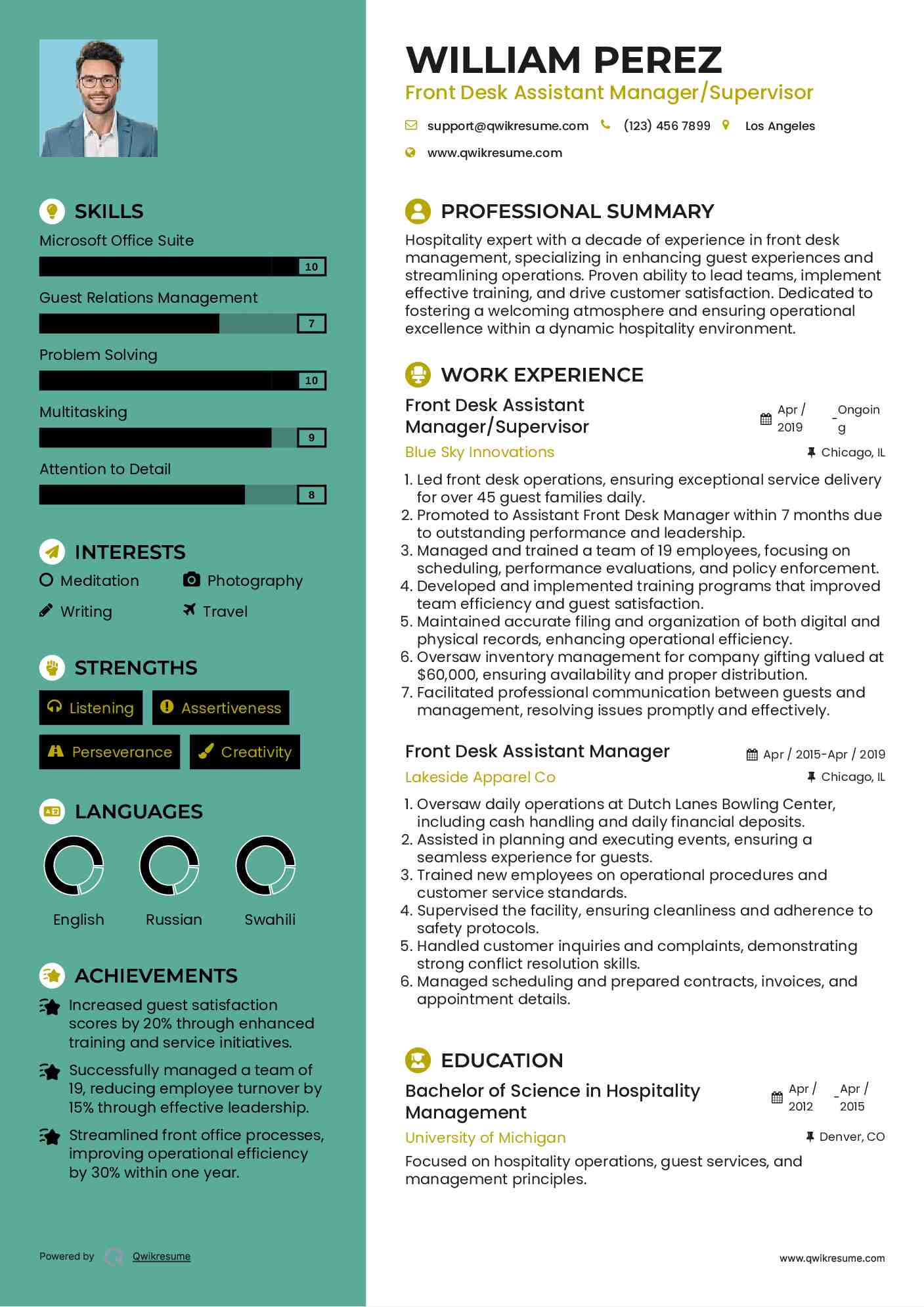 Front Desk Assistant Manager/Supervisor Resume Sample