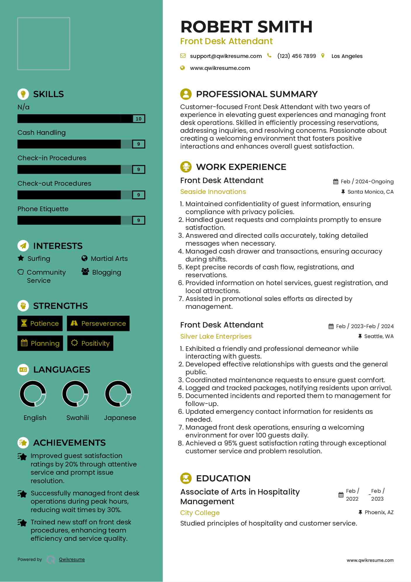 Front Desk Attendant Resume Model