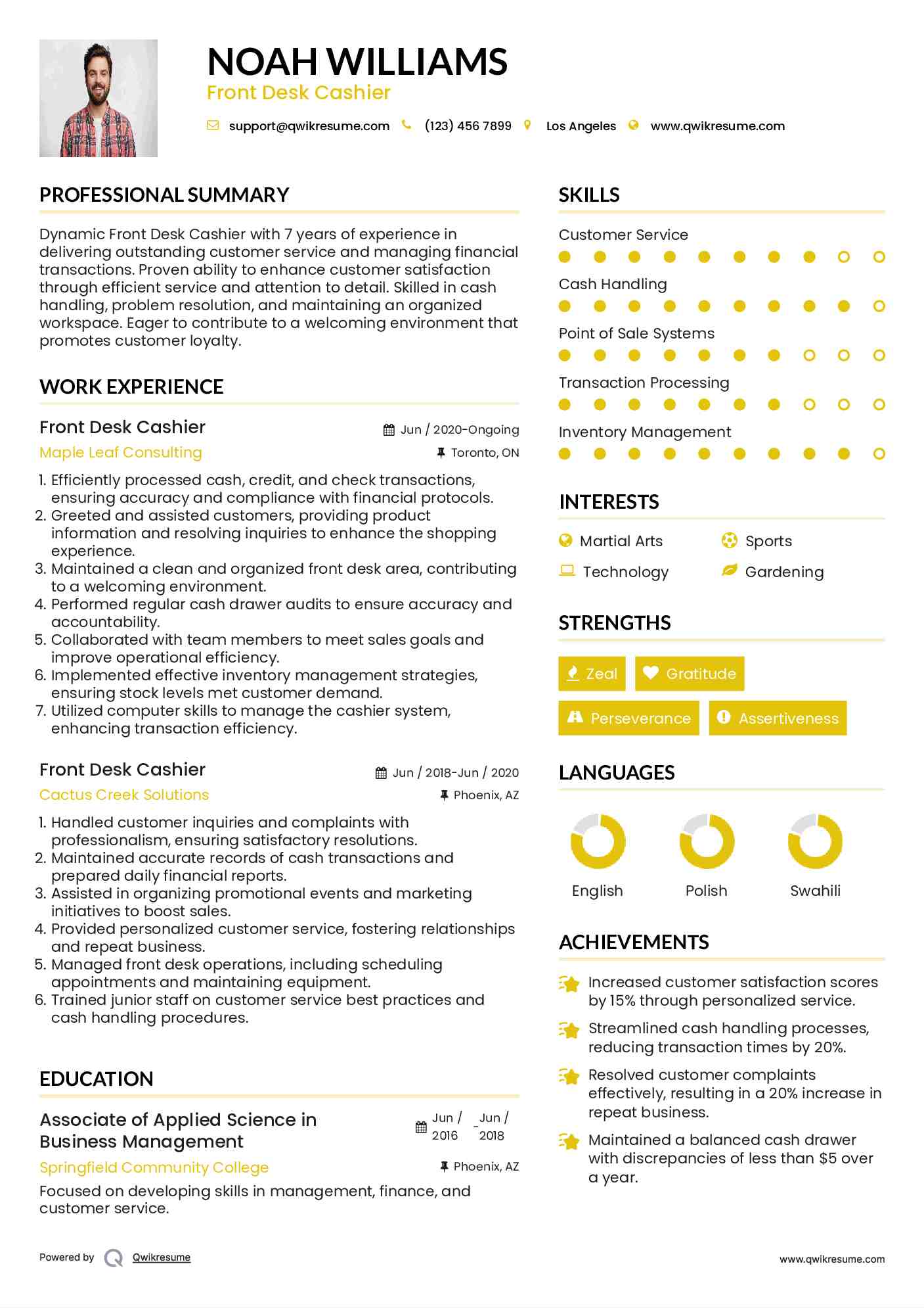 Front Desk Cashier Resume Example