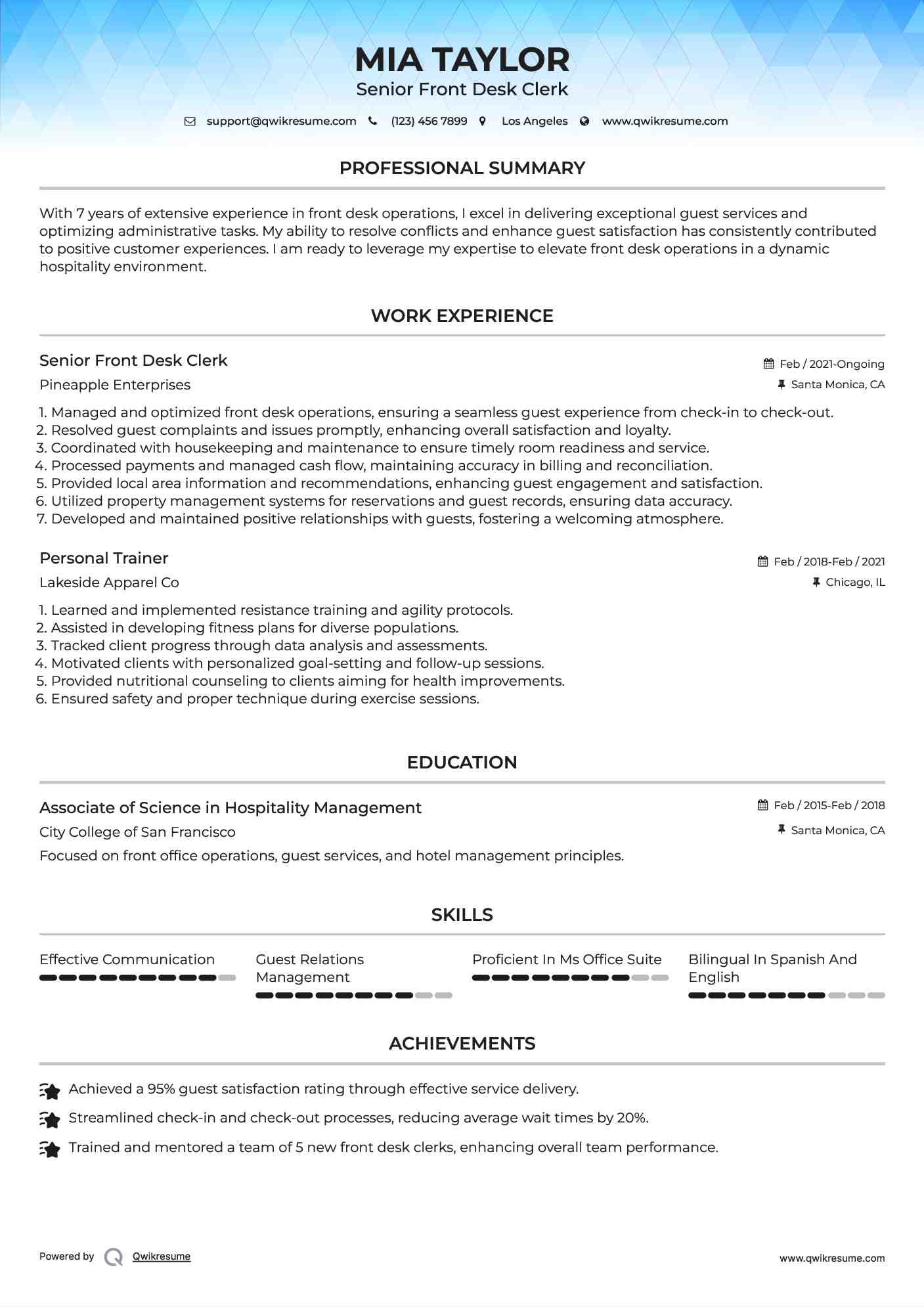 Senior Front Desk Clerk Resume Sample