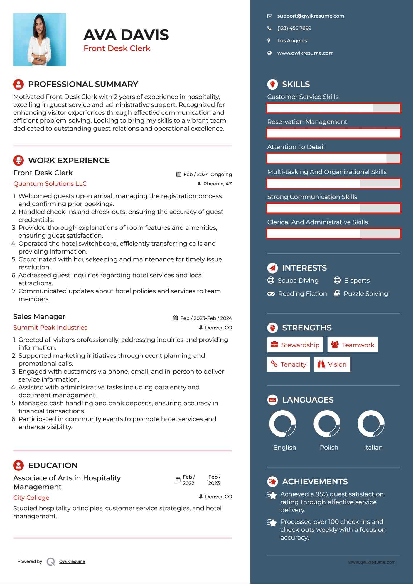 Front Desk Clerk Resume Model