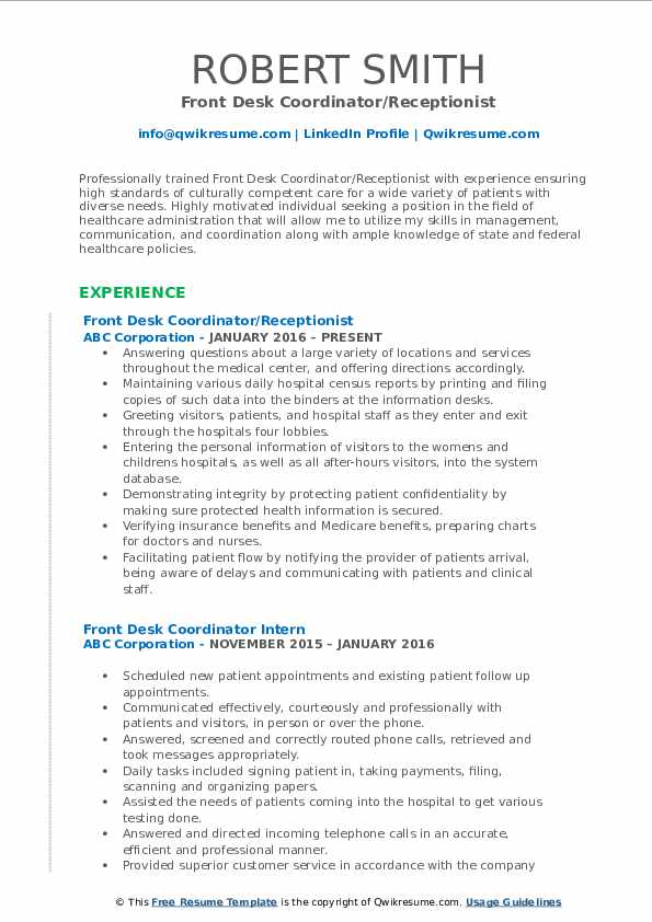 Front Desk Coordinator Resume Samples QwikResume