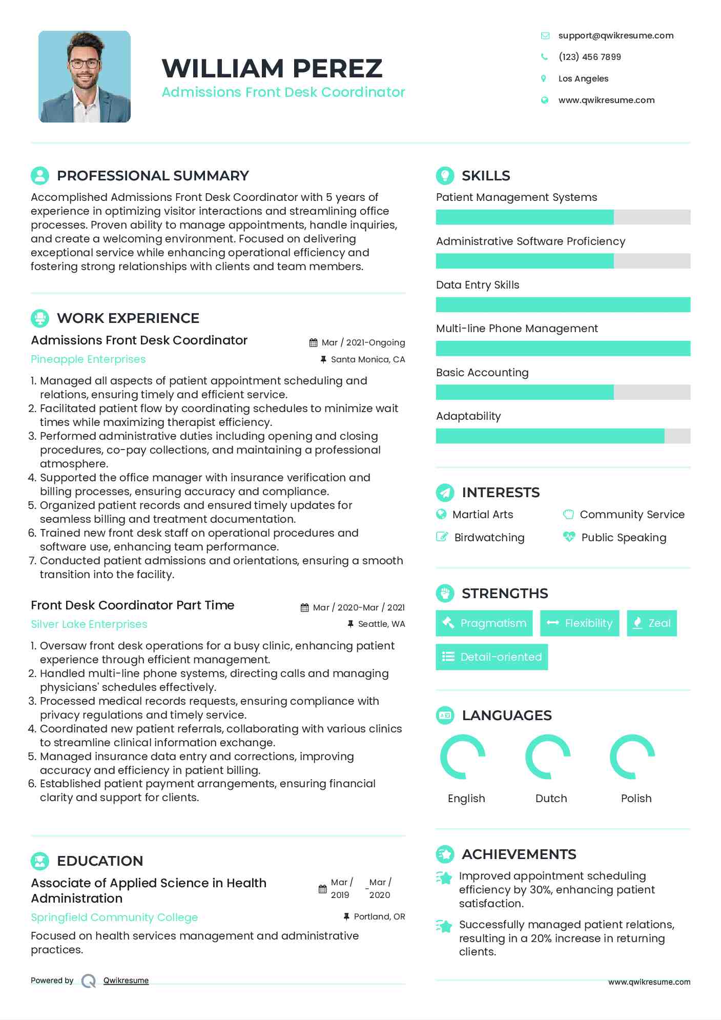 Admissions Front Desk Coordinator Resume Model