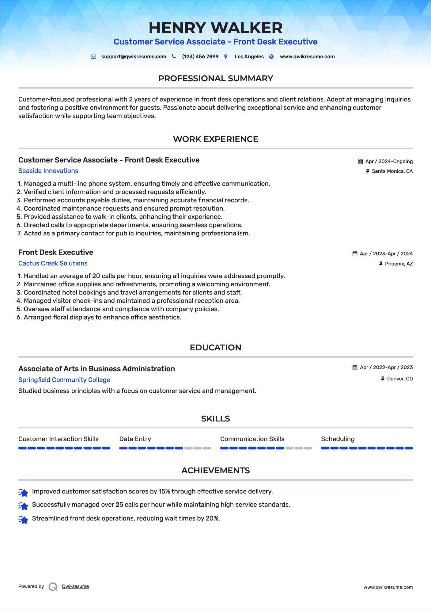 Customer Service Associate - Front Desk Executive Resume Model