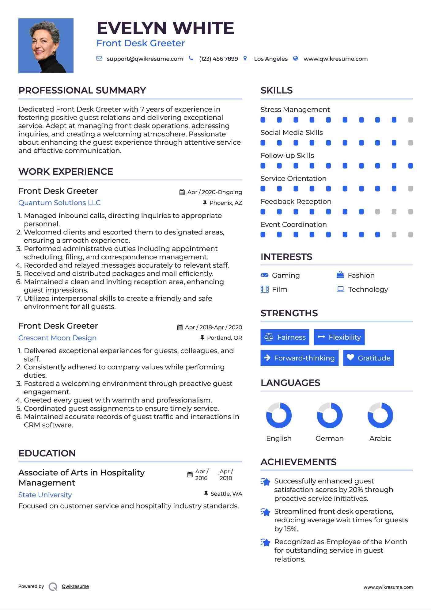 Front Desk Greeter Resume Sample