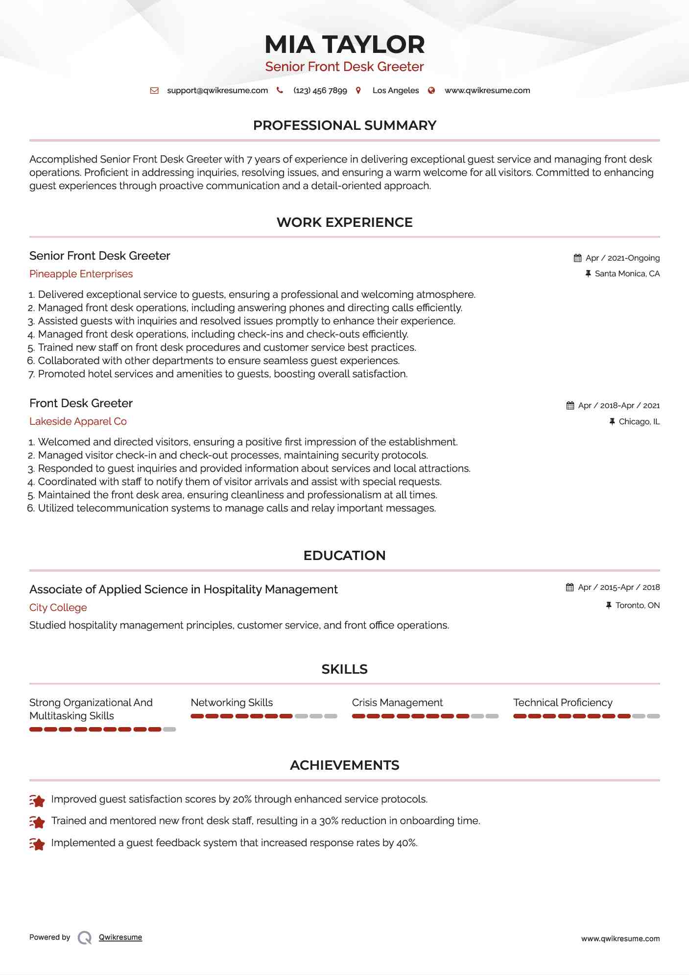 Senior Front Desk Greeter Resume Template