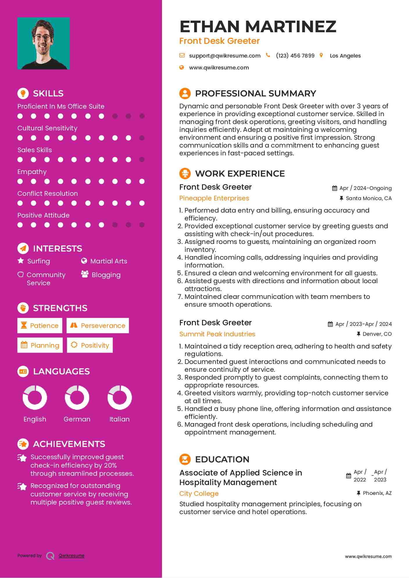 Front Desk Greeter Resume Model