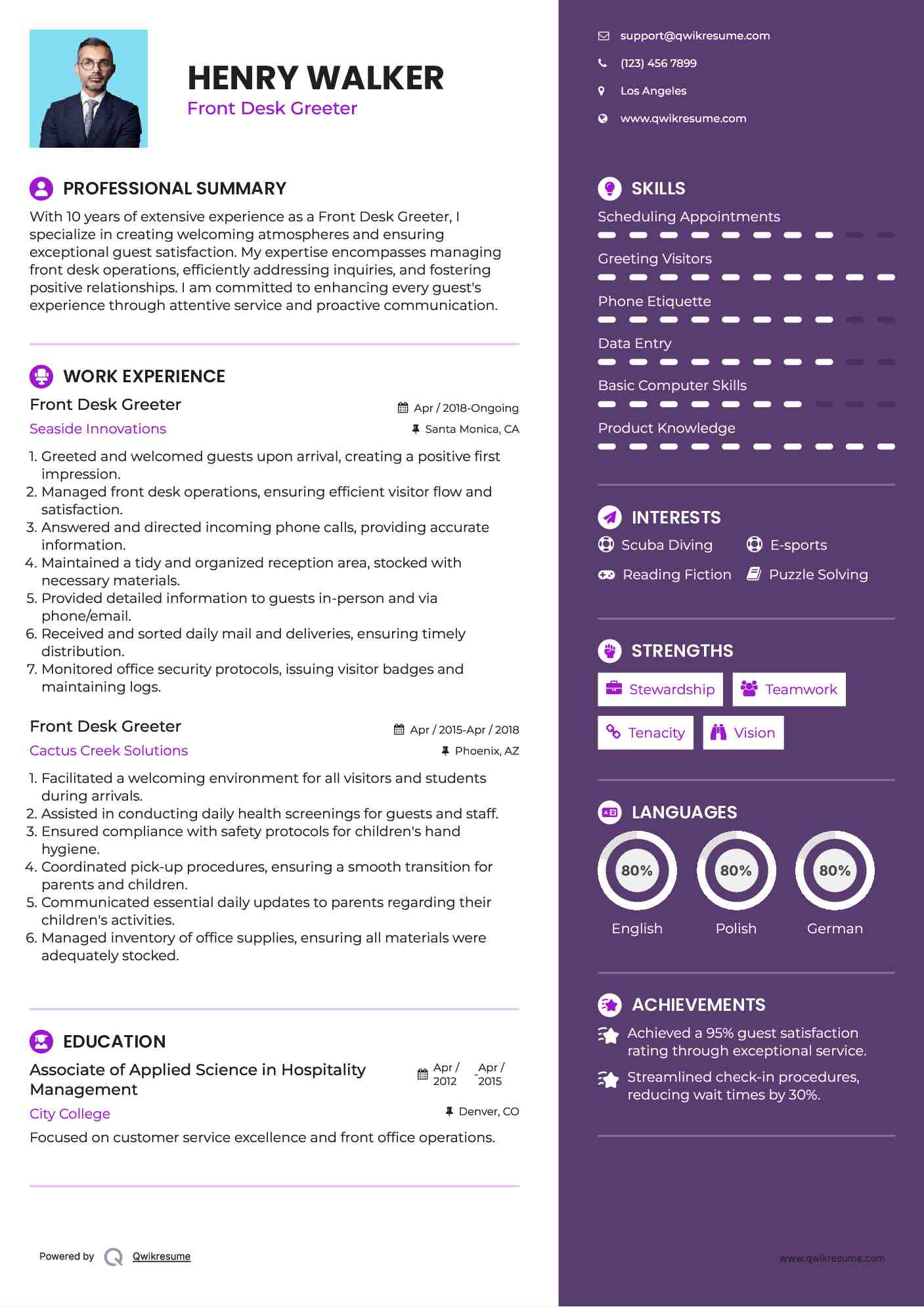 Front Desk Greeter Resume Format