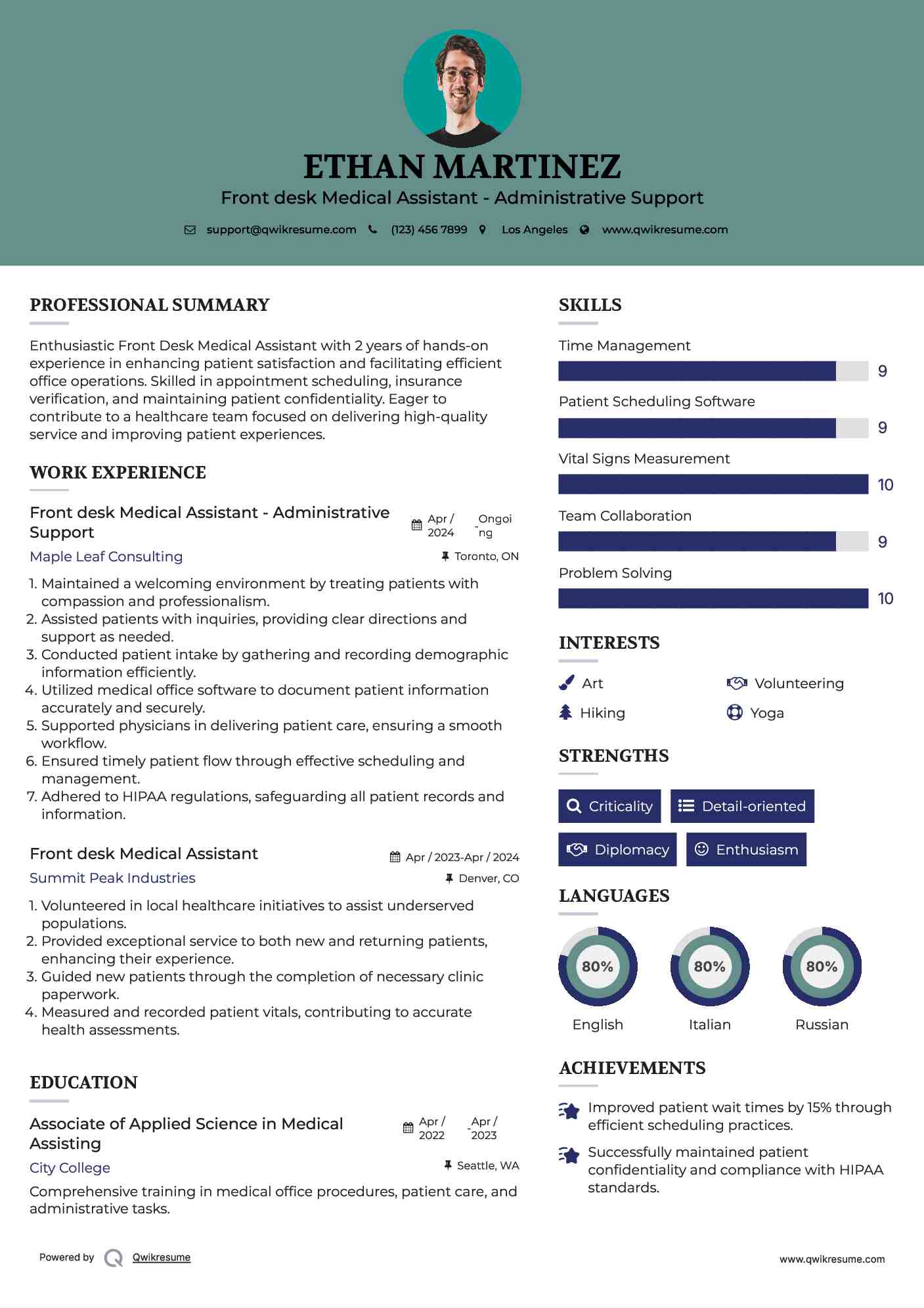 Front desk Medical Assistant - Administrative Support Resume Template