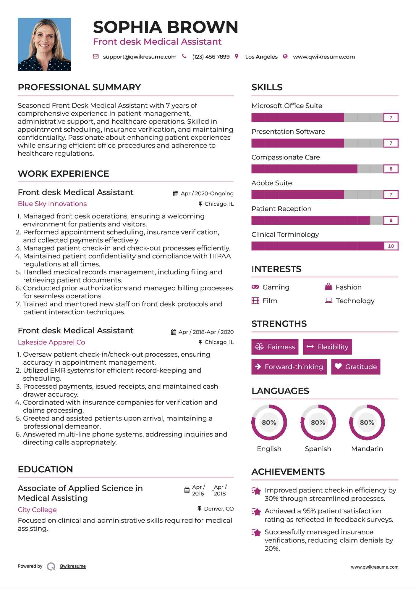 Front desk Medical Assistant Resume Model