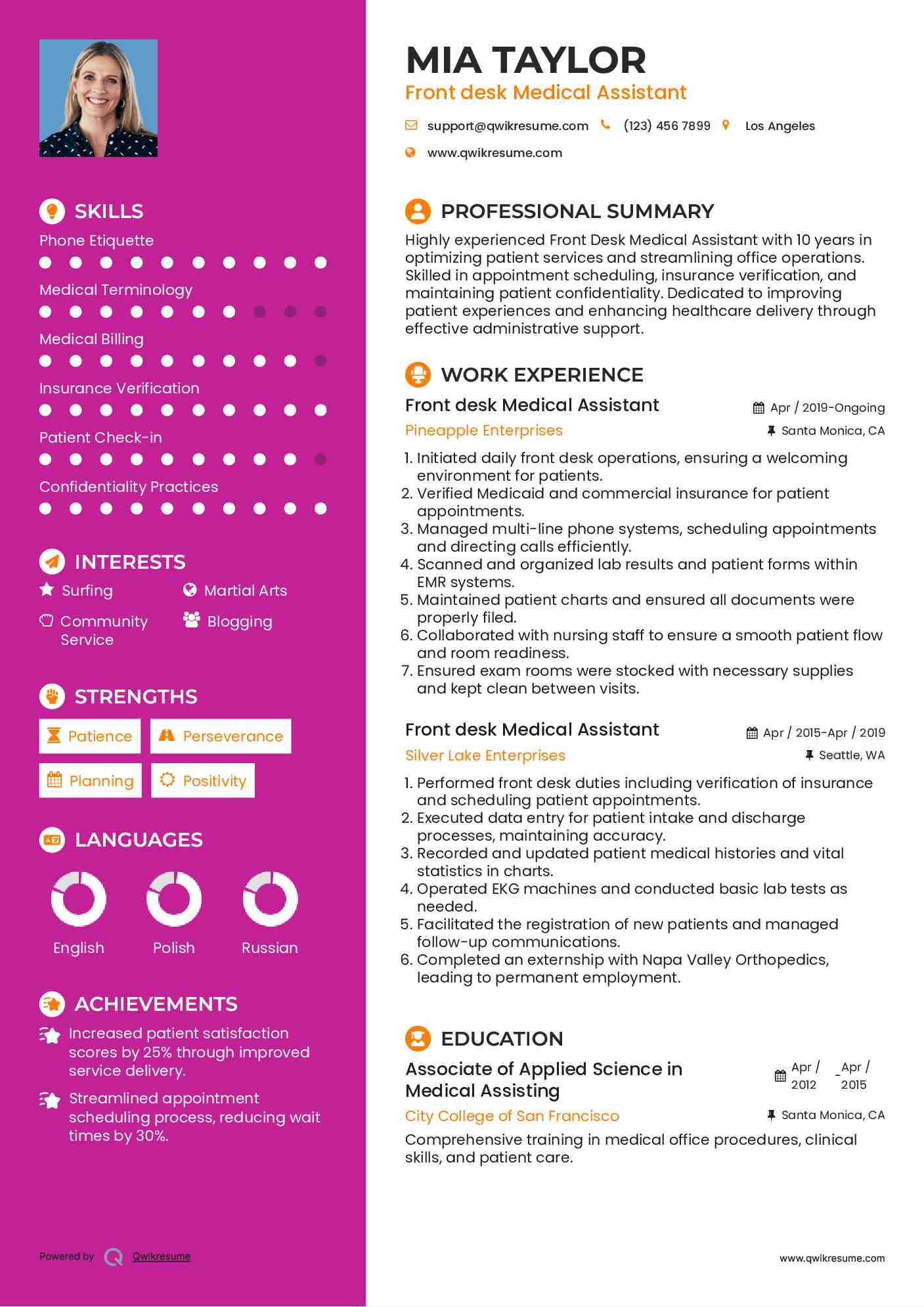 Front desk Medical Assistant Resume Model