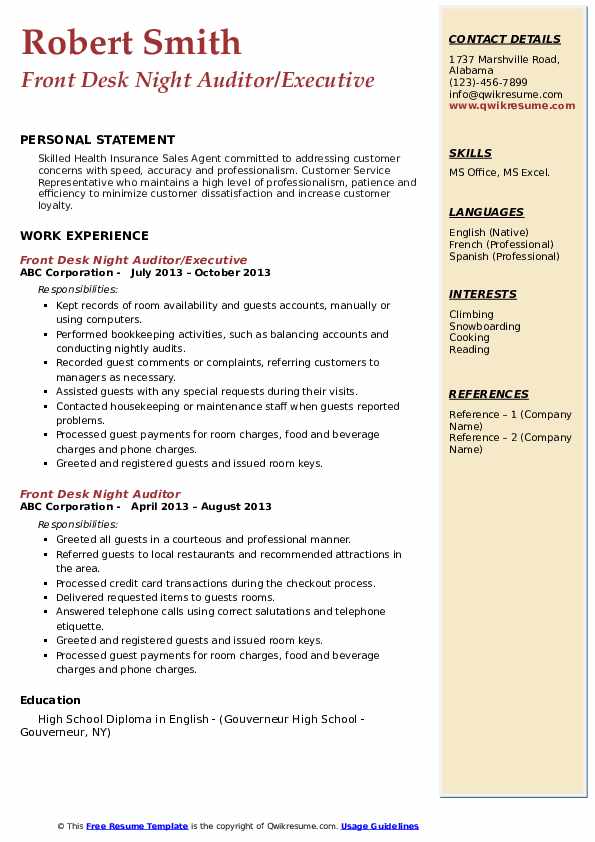 Front Desk Night Auditor Resume Samples QwikResume
