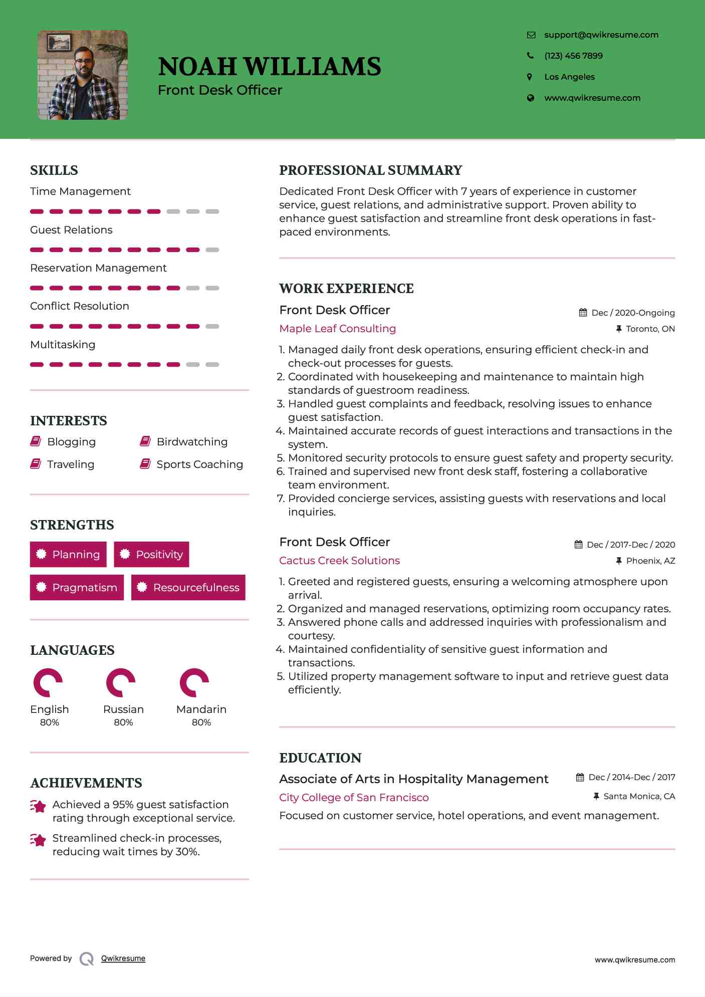 Front Desk Officer Resume Sample