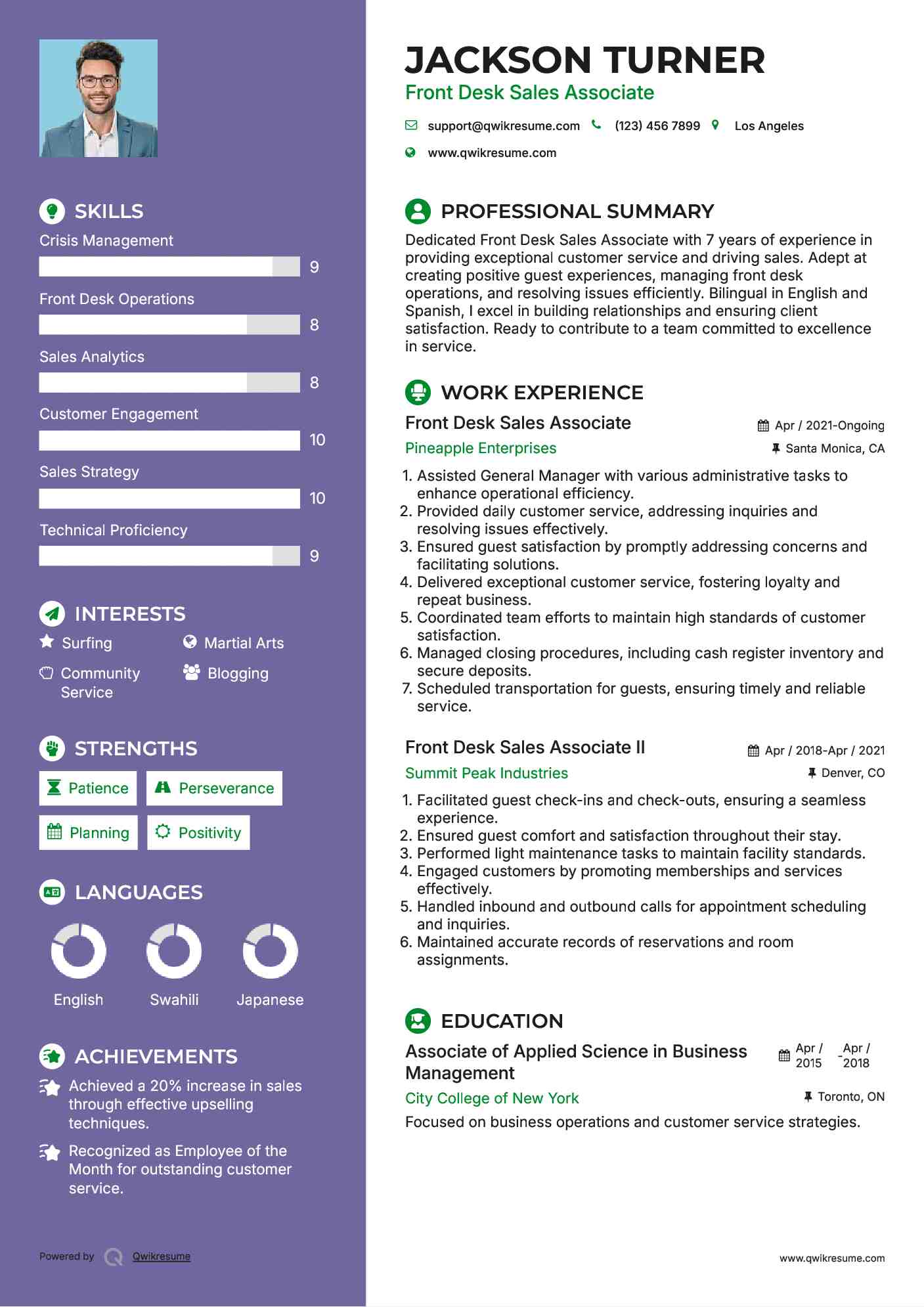 Front Desk Sales Associate Resume Example