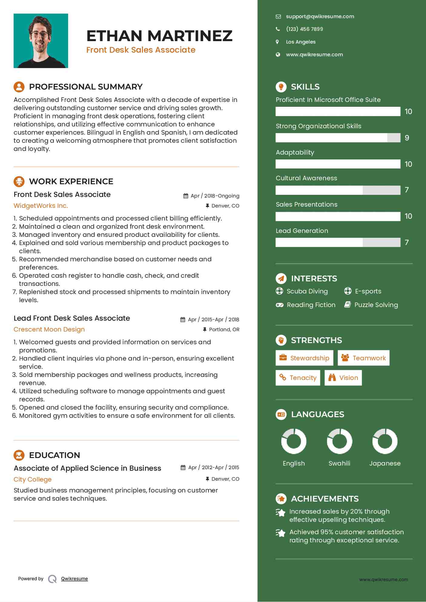 Front Desk Sales Associate Resume Sample