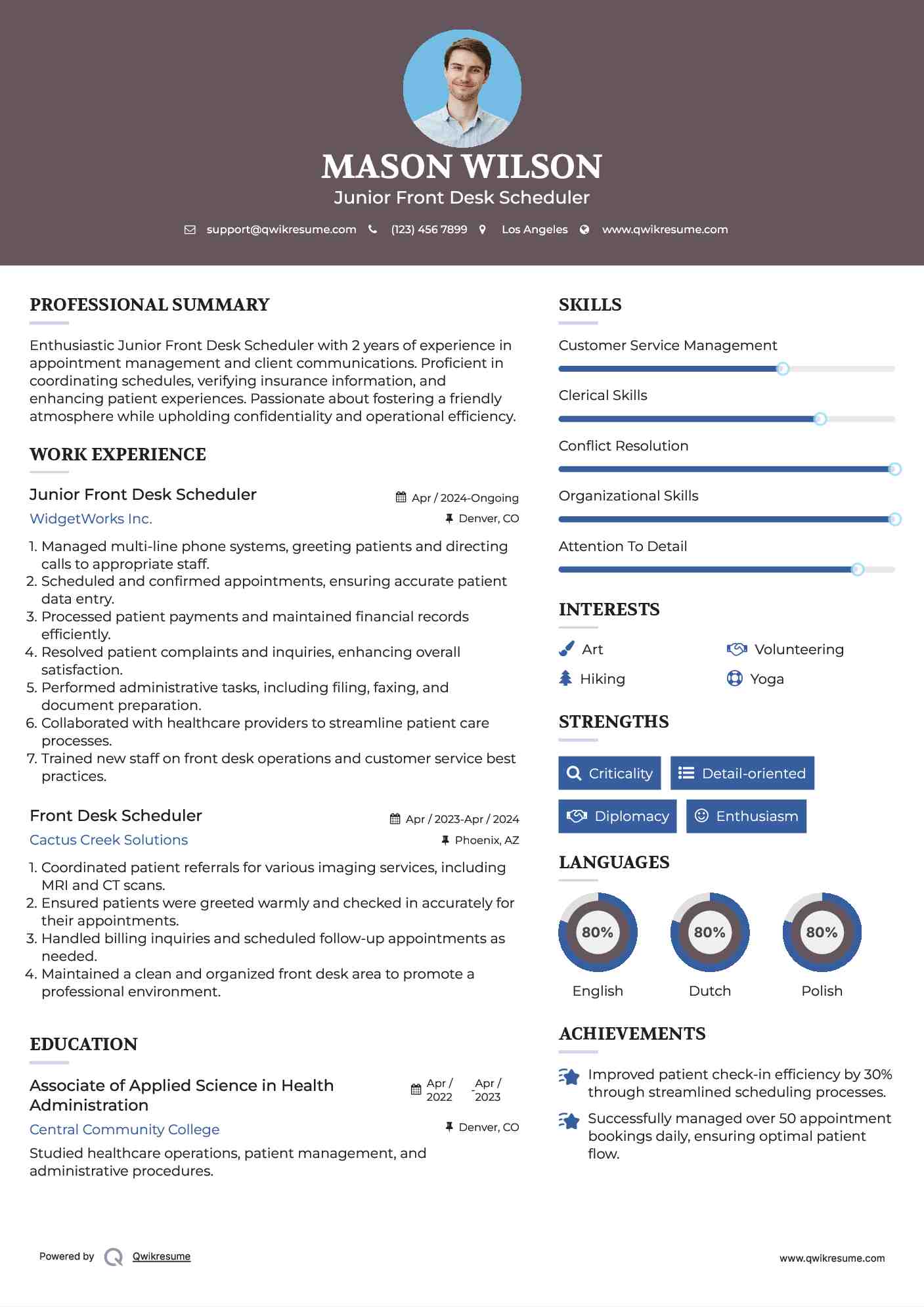 Junior Front Desk Scheduler Resume Sample
