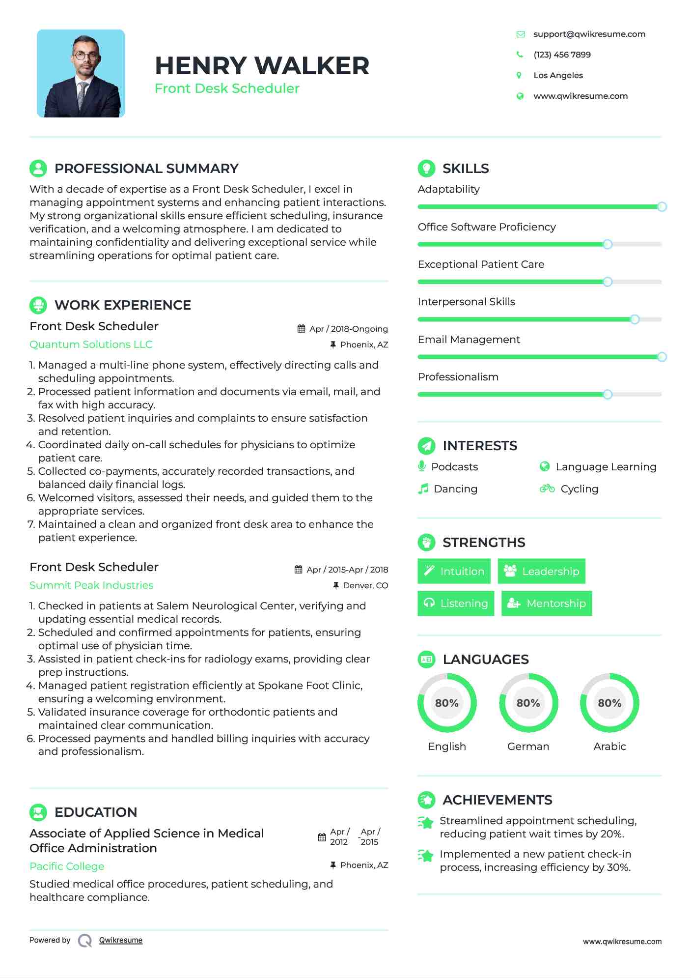 Front Desk Scheduler Resume Sample