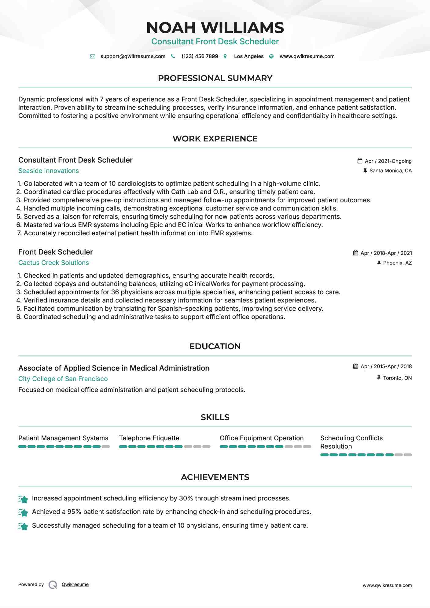 Consultant Front Desk Scheduler Resume Model
