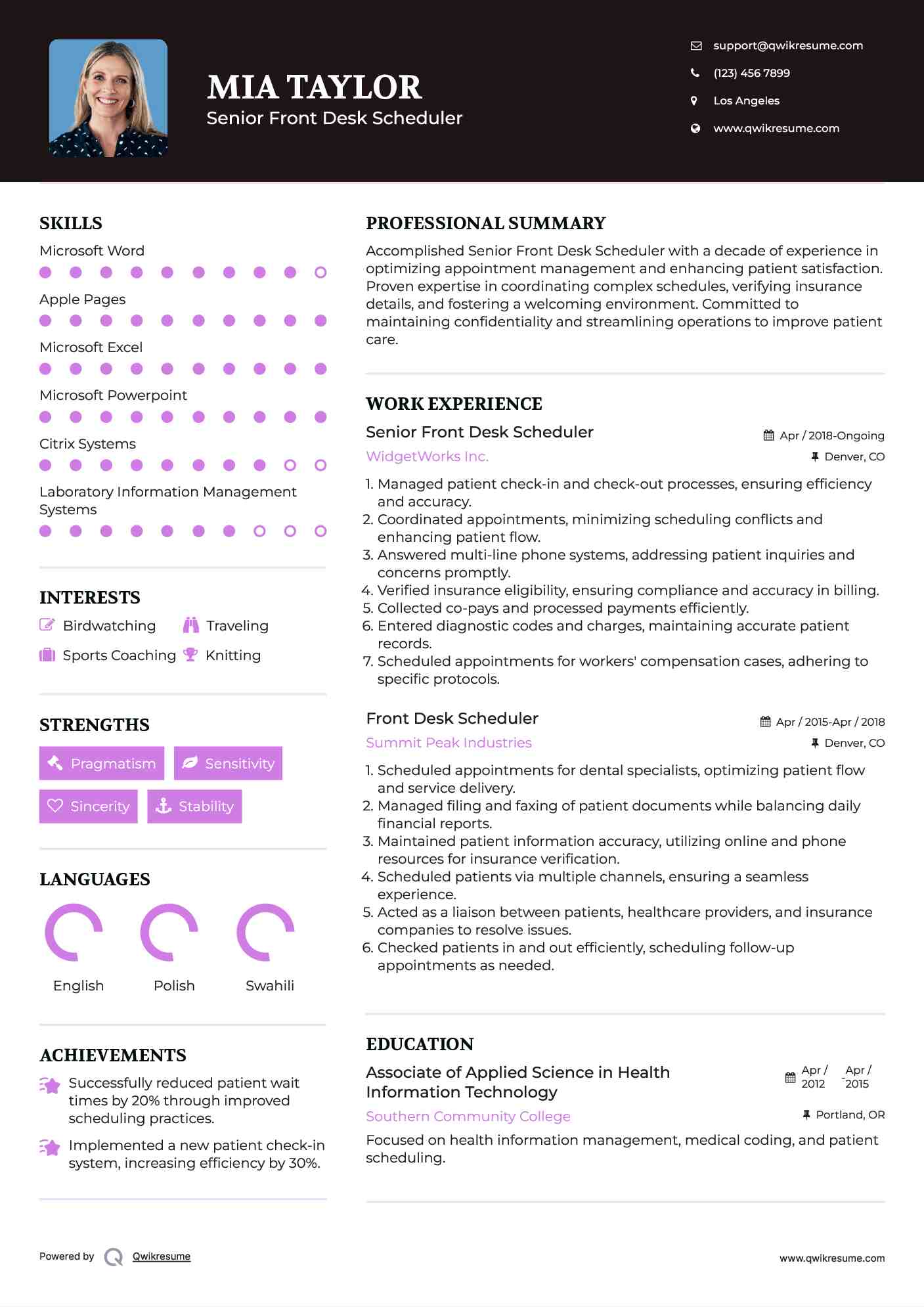 Senior Front Desk Scheduler Resume Template