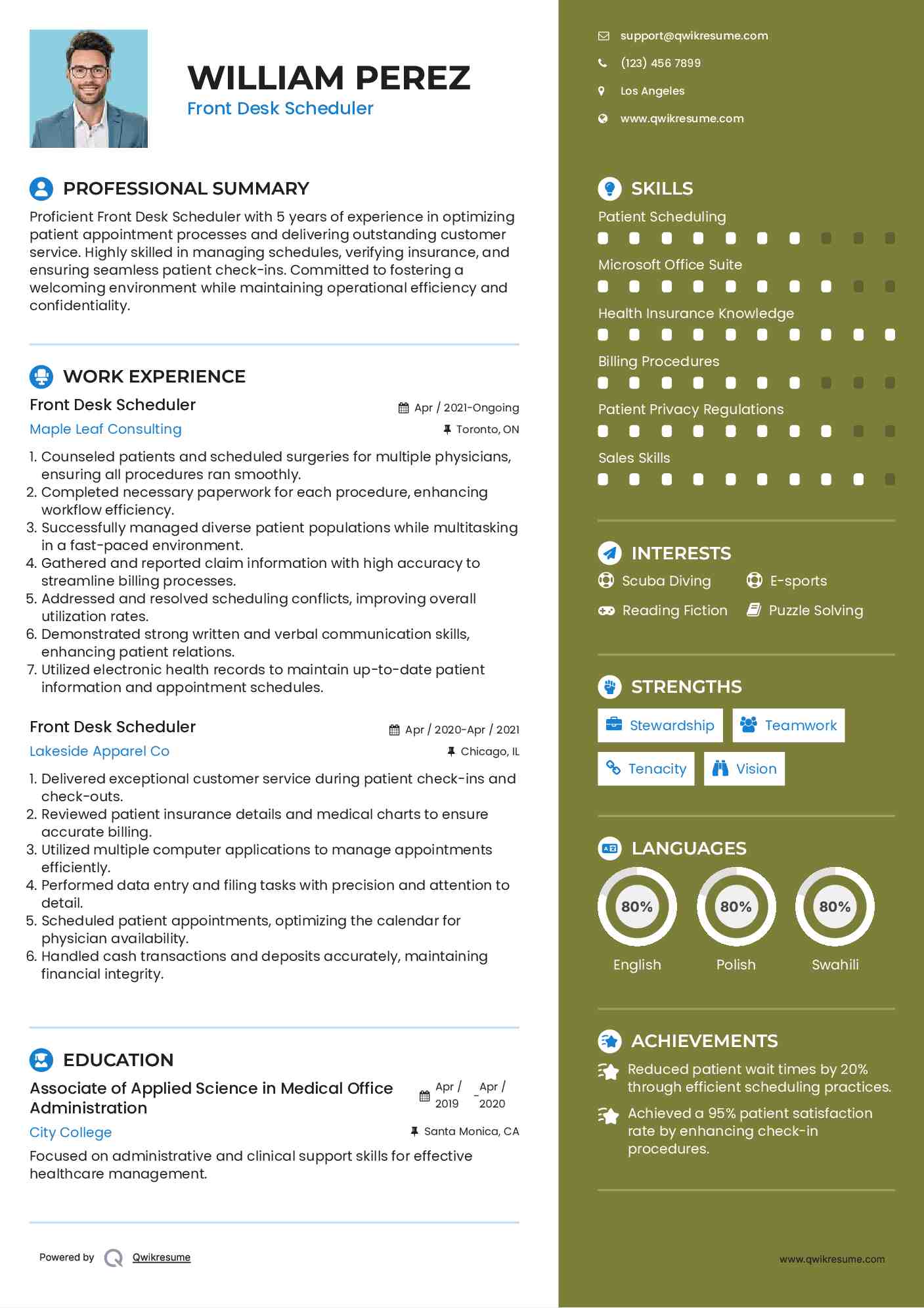 Front Desk Scheduler Resume Format