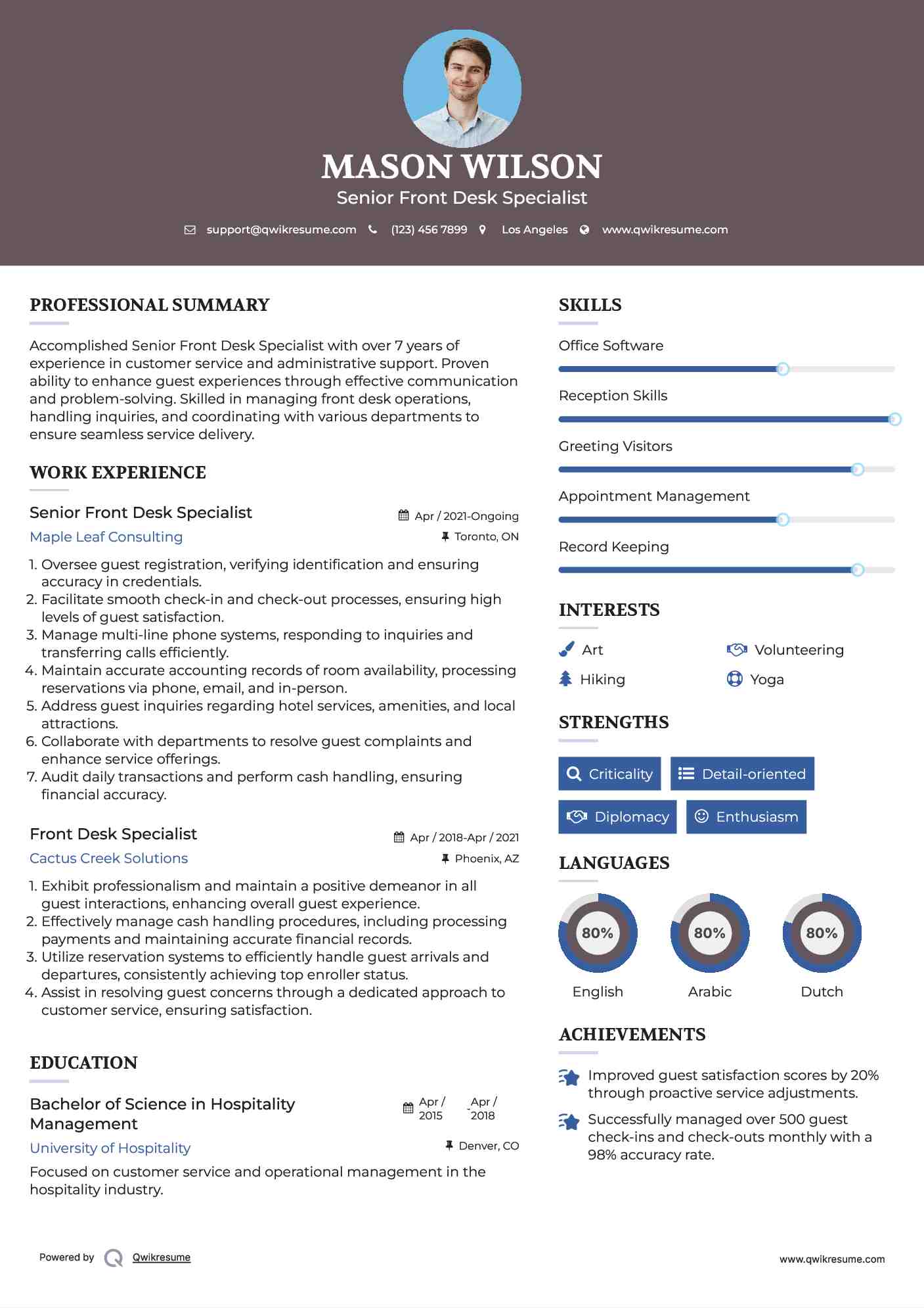 Senior Front Desk Specialist Resume Sample
